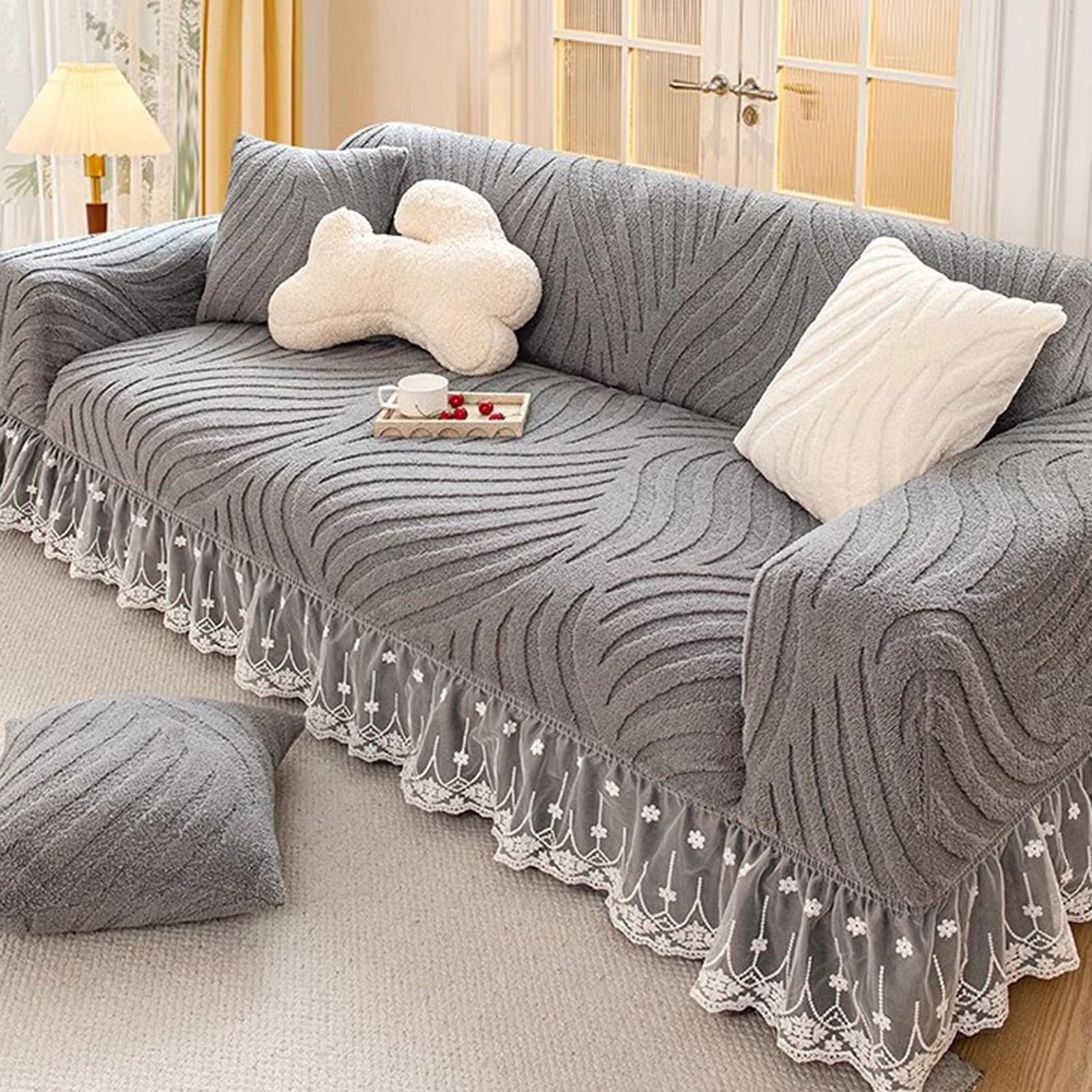 Copridivano Morbido, Resistente, Altamente Elastico, Antiscivolo, Estensibile, con 1 Federa, Lavabile, con Gonna, per divani da 1, 2, 3, 4 e 5 posti, Grigio, 3 posti - 190-230 cm