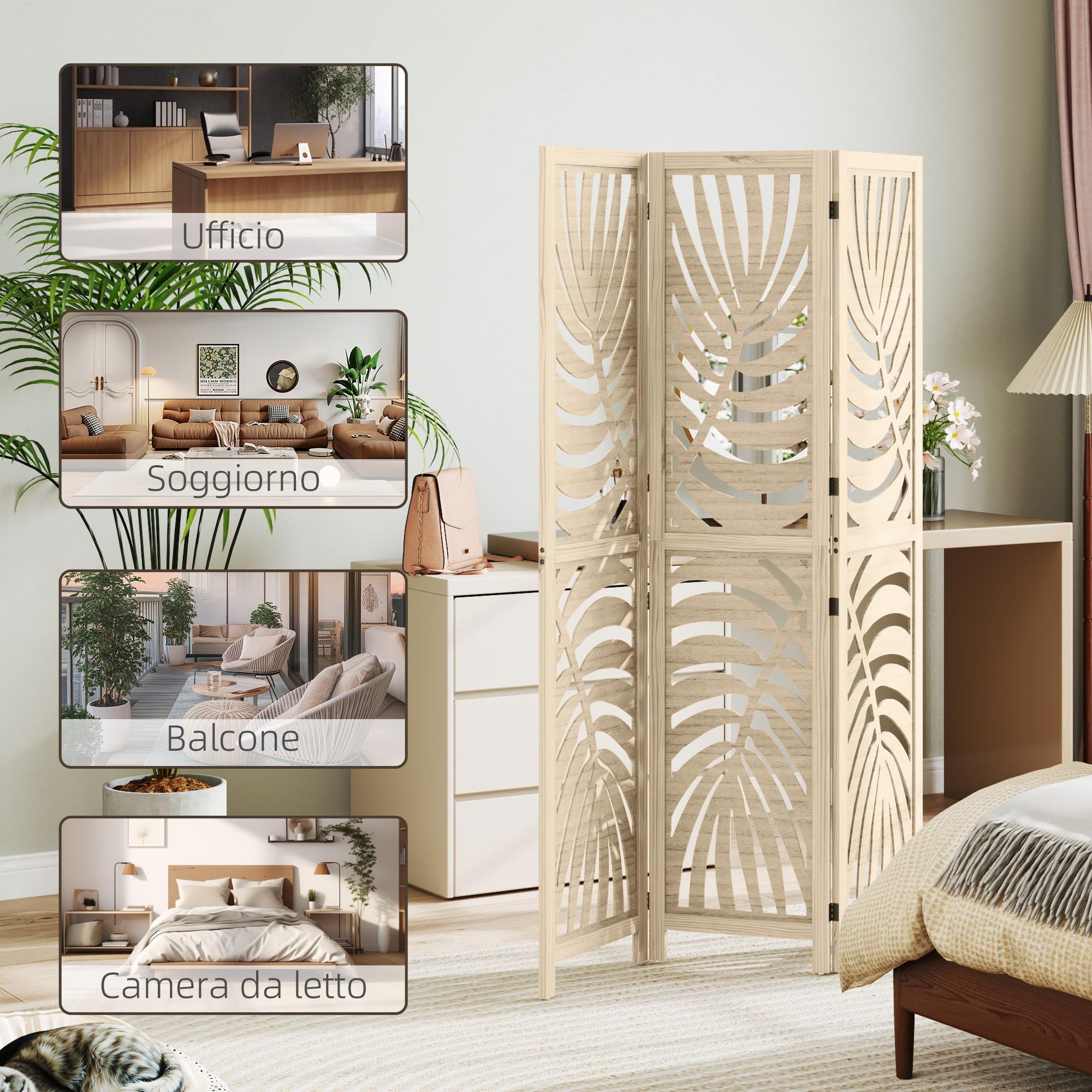 HOMCOM Biombo de 3 Paneles Separador de Ambientes Plegable 120x170 cm con Estampado de Hojas de Palma Tropical Biombo Separador de Ambientes para Salón Dormitorio Oficina Natural