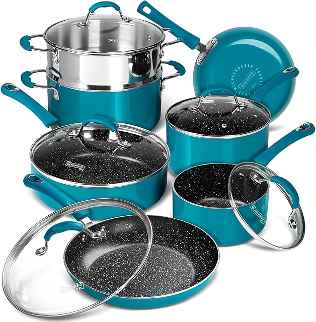 MICHELANGELO Pots and Pans Set 12 Pcs , Non Stick Cookware Sets, Enamel Cookware with Granite Nonstick Coating, Non Toxic Cookware Set, Cyan-Blue