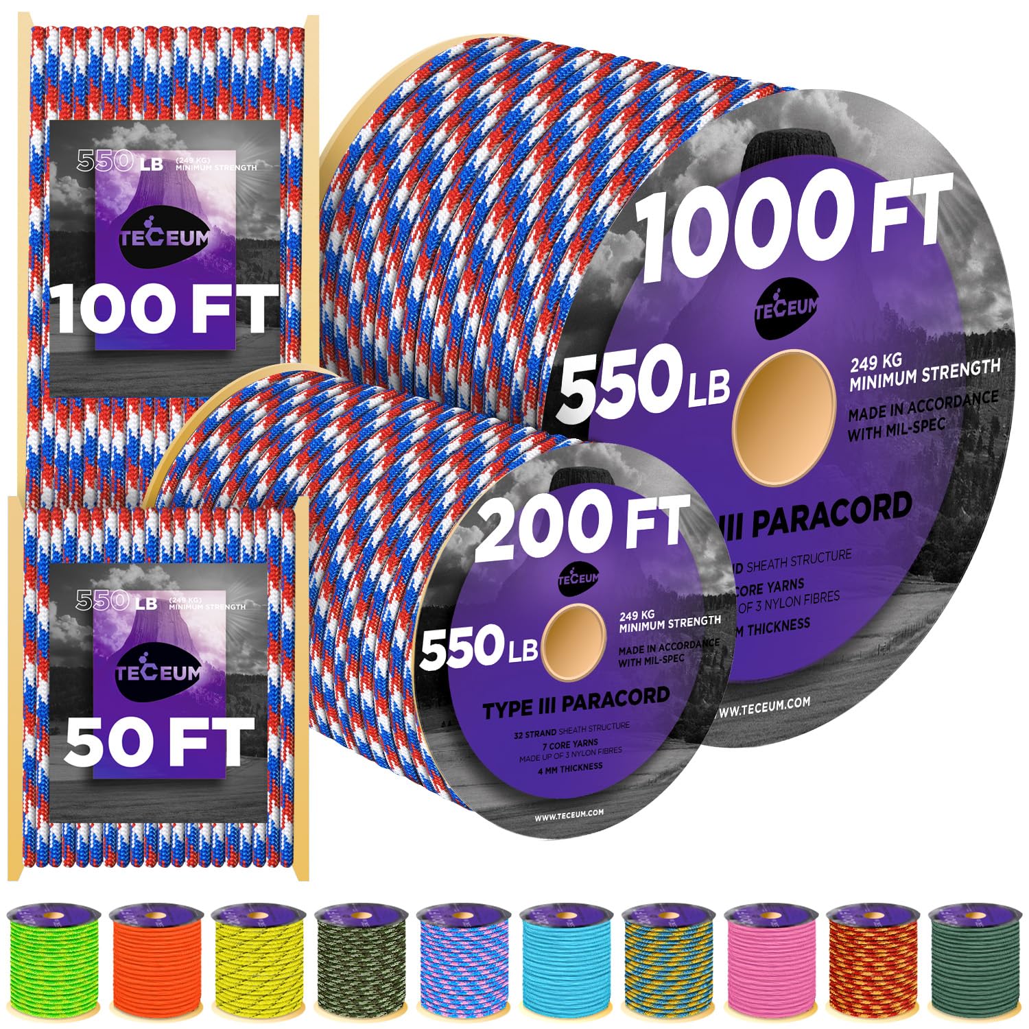 TECEUM Reflective Paracord Rope 1000 – 1000ft/200ft/100ft/50ft – 40+ Colors – Glow in The Dark – para Cord – Utility Rope for Survival, Hunting &