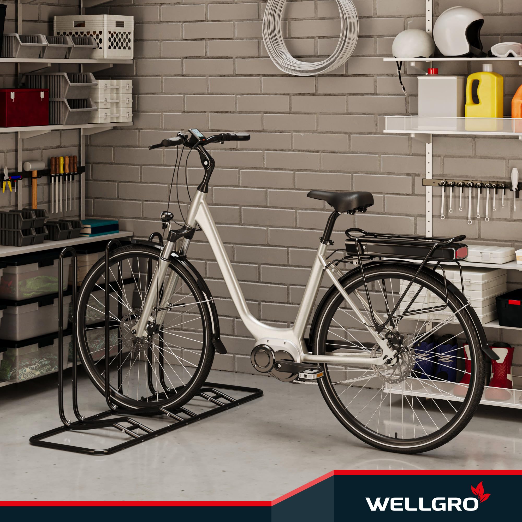 WELLGRO Fahrradständer Boden erweiterbar – Universal Fahrrad Ständer für Mountainbike, Rennrad & Fatbike – Robuster Radständer Stahl für Garage, Keller & Außenbereich – Schwarz (Für 3 Fahrräder)