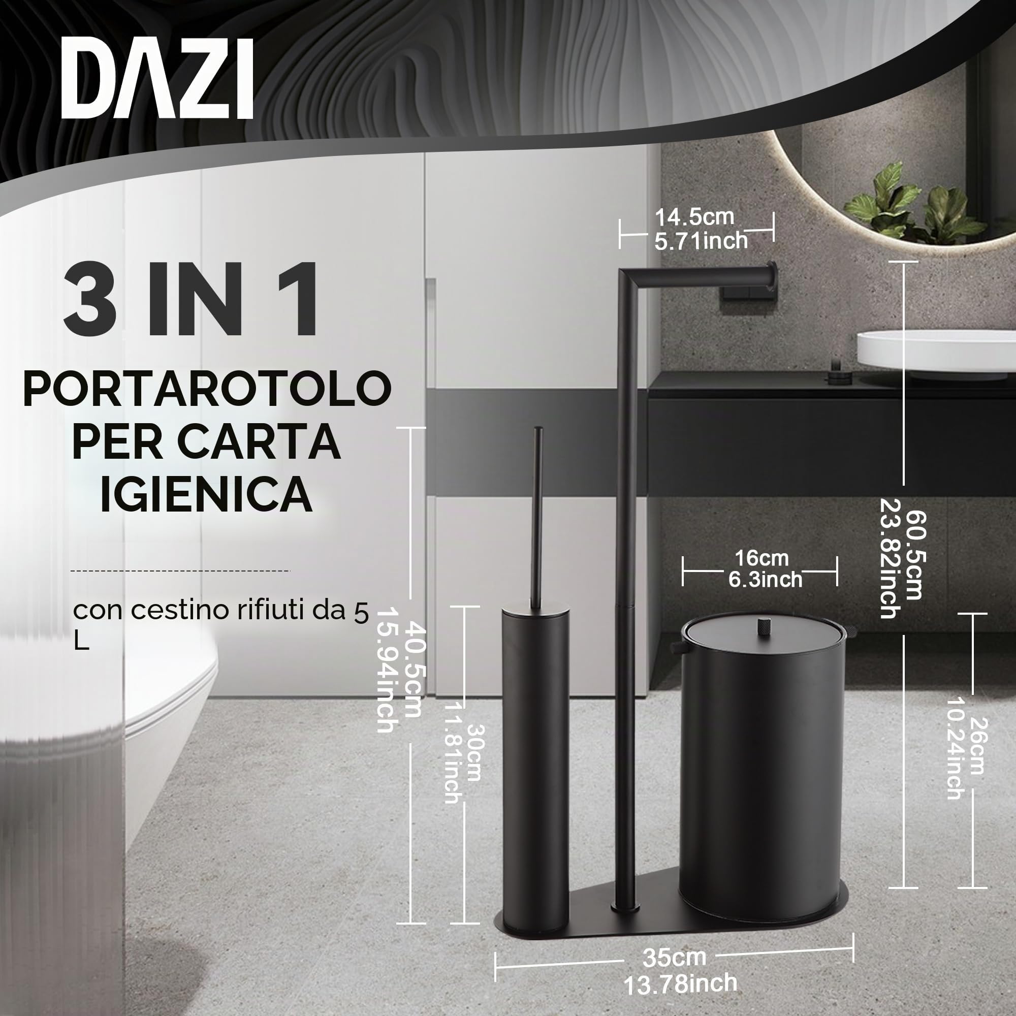 DAZI Portar carta igienica con scopino WC e pattumiera, Set 3-in-1 in acciaio inox, 2 testine di ricambio Silicone e PP, portarotolo e scopino ideale per Casa e WC degli Ospiti. (Nero opaco)