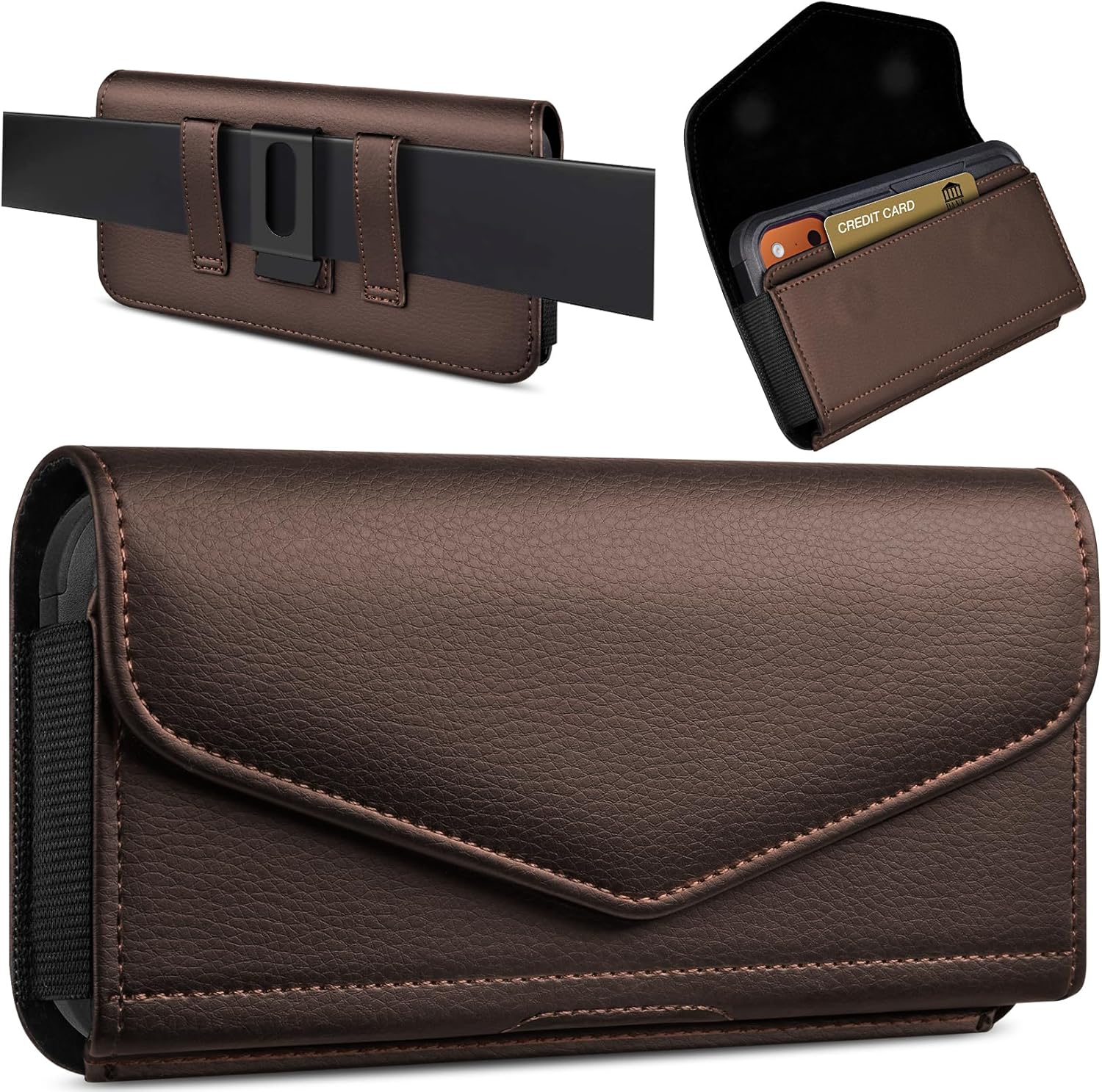 Leather Cell Phone Holster with Card Holder and Belt Clip Protective Case for Samsung Galaxy Ultra S25 S24 S23 S22 S21 S20 A17 A16 A15 A14 A13, Motorola G Stylus 5G, XL-Coffee