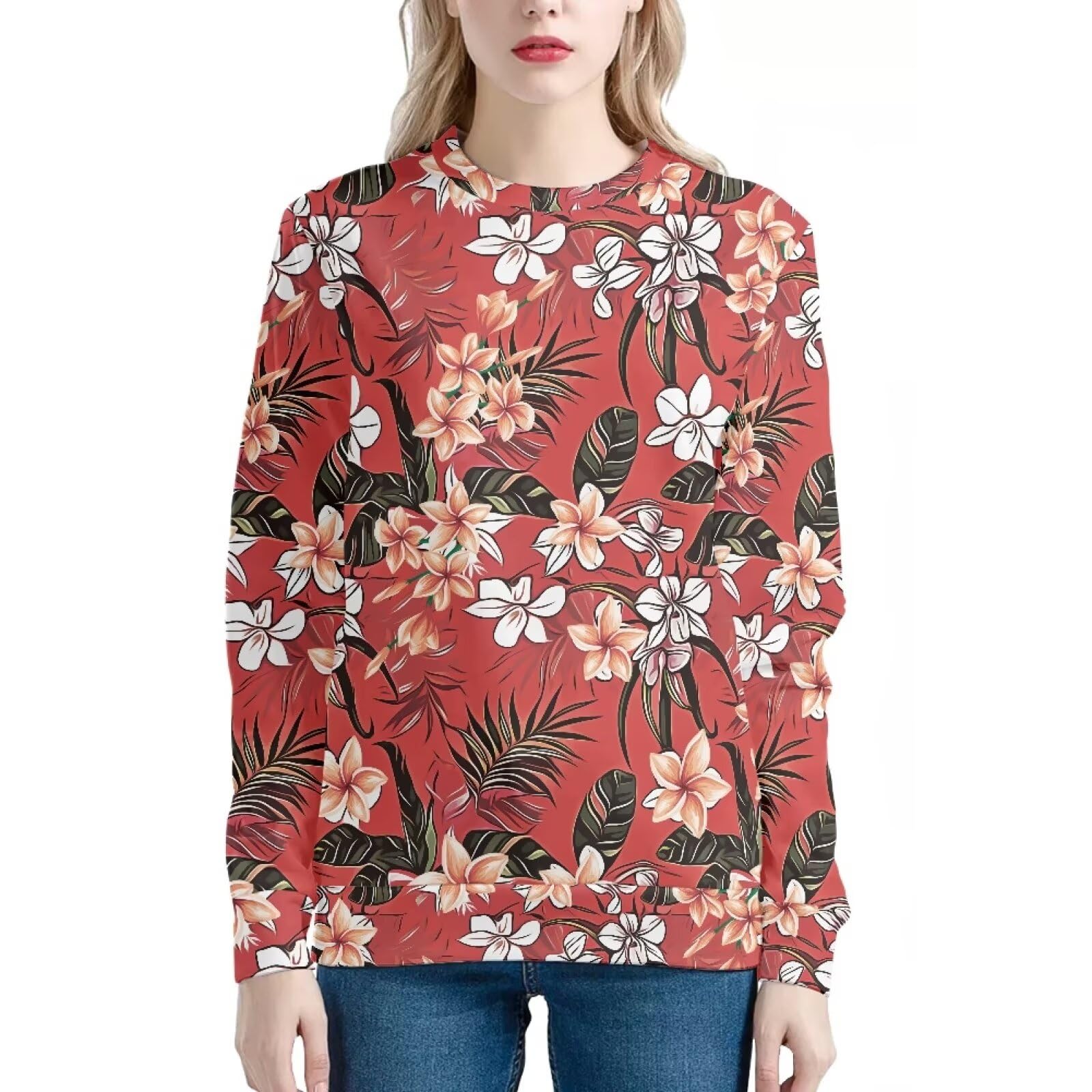 Amzbeauty Chandails hawaïens rouges à col ras du cou pour femme - Tunique à manches longues - Coupe ample, Imprimé tropical, XXL