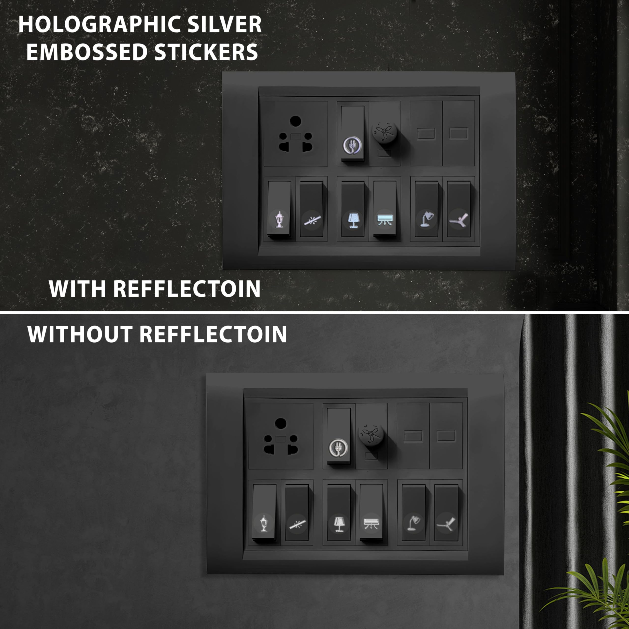 ARNEMA Aesthetic Transparent Silver Switch Icon Stickers | Premium Self Adhesive Silver Finish Stickers for Switch Board Decoration 1