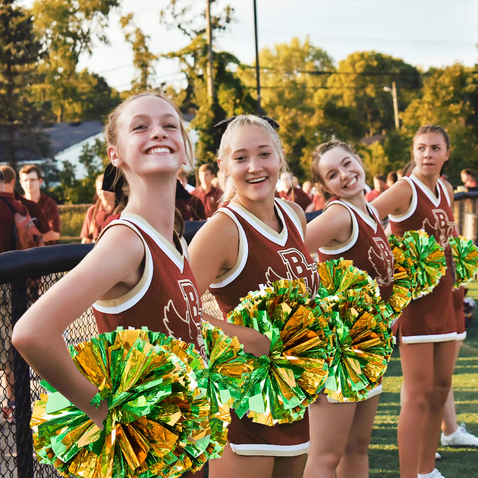 Creatiee metaliczne pompony cheerleaderki dla dzieci, 2 pary cheerleaderek, cheerleaderki, pompony dla chłopców, dziewcząt, szkoły, gry sportowe, duch drużyny, cheerleaderka, zielone złoto, 4 szt