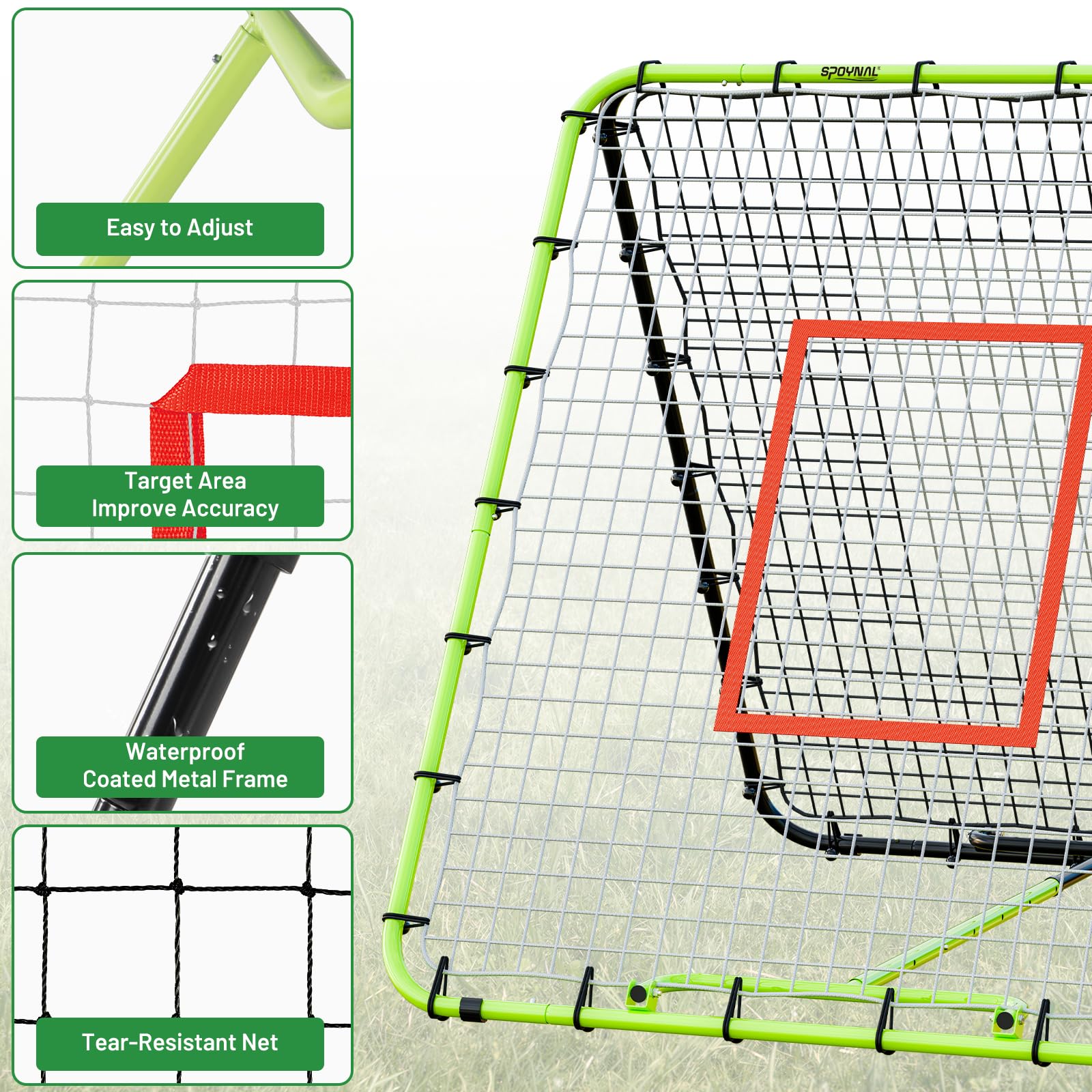 SPOYNAL Baseball-Rebounder-Netz, 137 x 121 cm, verstellbares Baseball-Trainingsnetz mit 6 Winkeln, wendbares Rückprallnetz für Pitching, Werfen und Feldern, Baseball- und Softball-Trainingsgeräte