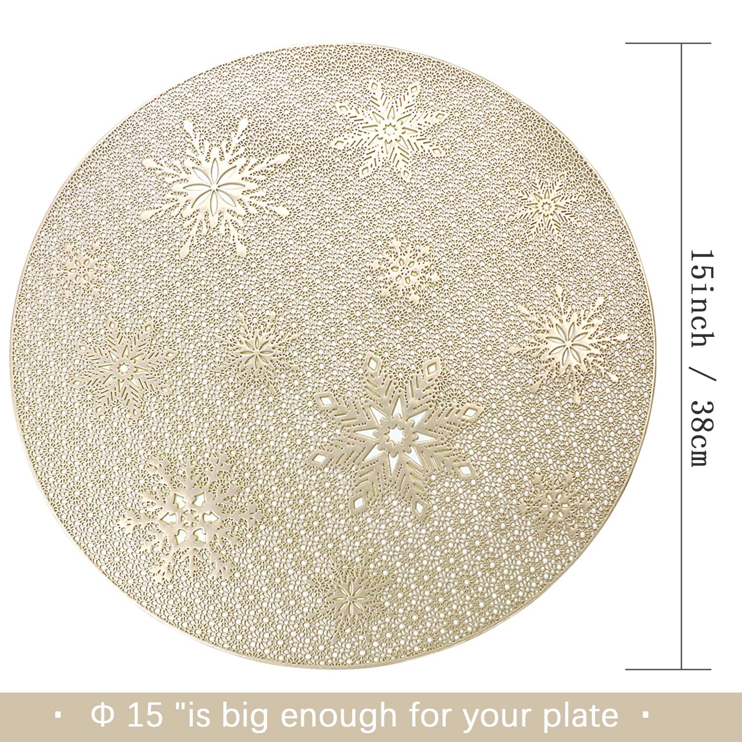 Christmas Round Gold Placemats of 6 for Dining Table Mats Set Wipeable Snowflake Placemats for Kitchen Table Plastic Soft PVC Place Mats Durable Heat Resistant Non-Slip Washable Table Mats