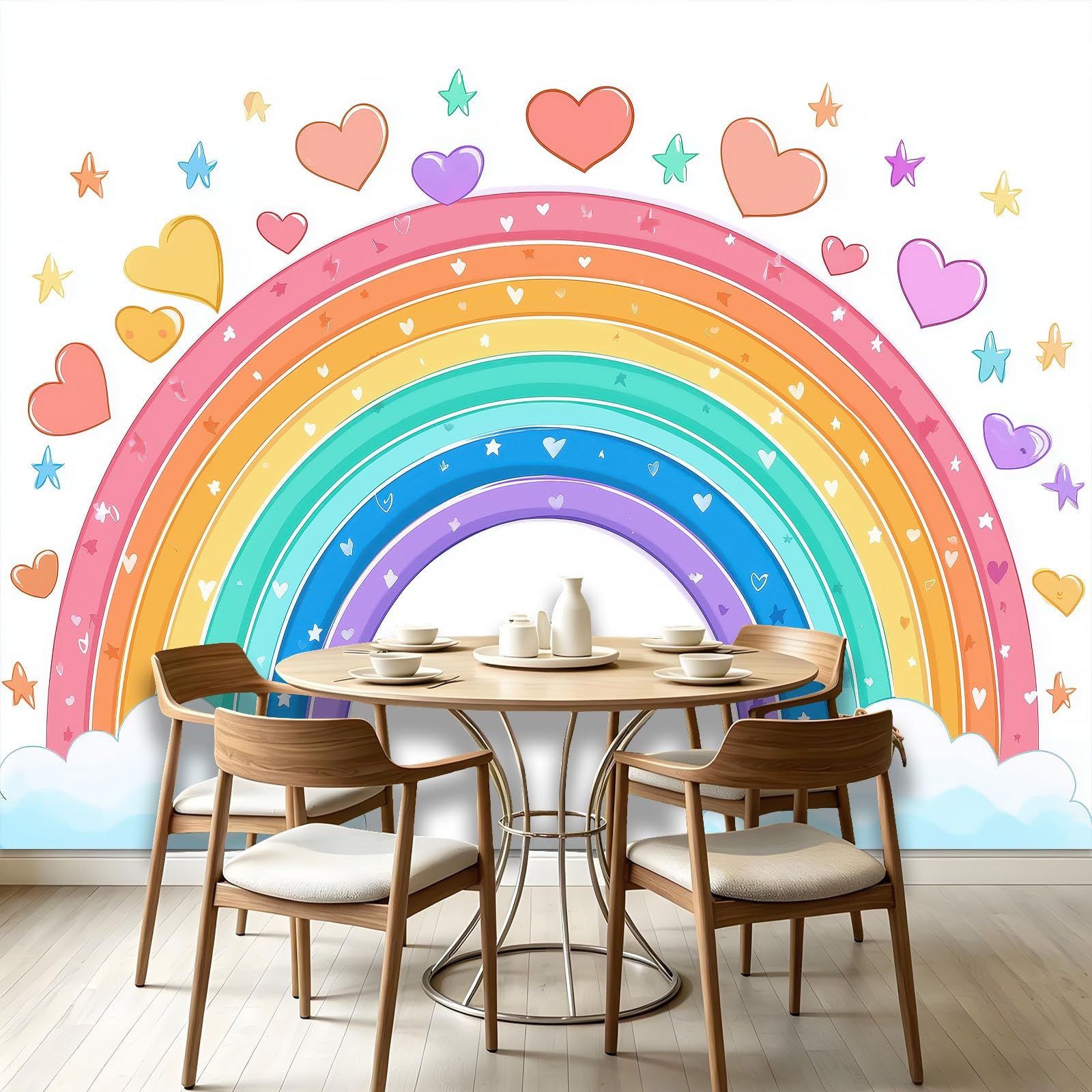 Générique Panoramiczna tapeta z włókniny 200 x 140 cm - tęcza gwiazdy serce, minimalistyczny plakat ścienny do pokoju dziecięcego, pokoju zabaw - dekoracja ścienna 3D