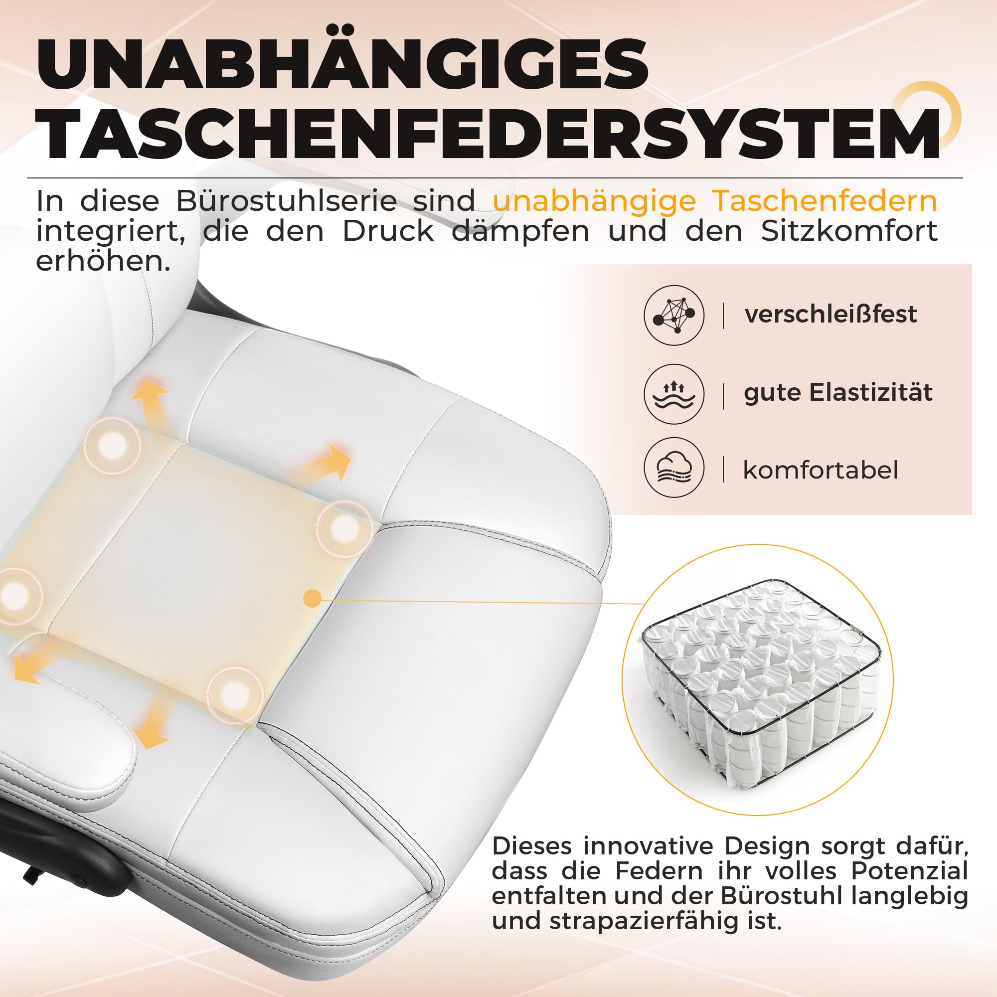 Bürostuhl ergonomischer Chefsessel Schreibtischstuhl Wippfunktion höhenverstellbarer Drehstuhl mit Kopfstütze Armlehnen 150KG, Weiß