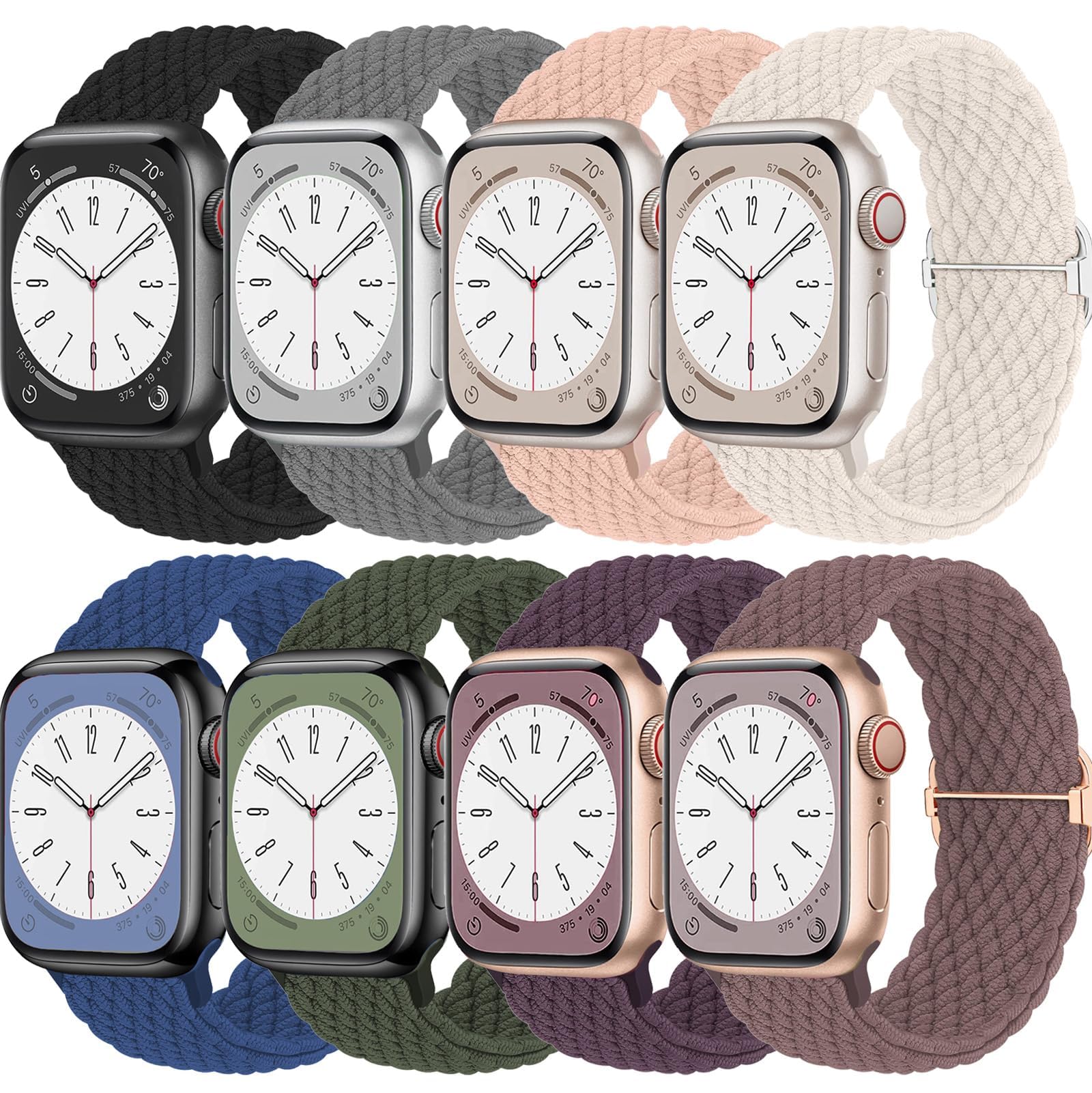8 Pack Braided Stretchy Bands Compatible with Apple Watch Bands for Women 40mm 38mm 41mm 42mm 44mm 46mm 45mm 49mm Men,Adjustable Elastic Nylon Sport
