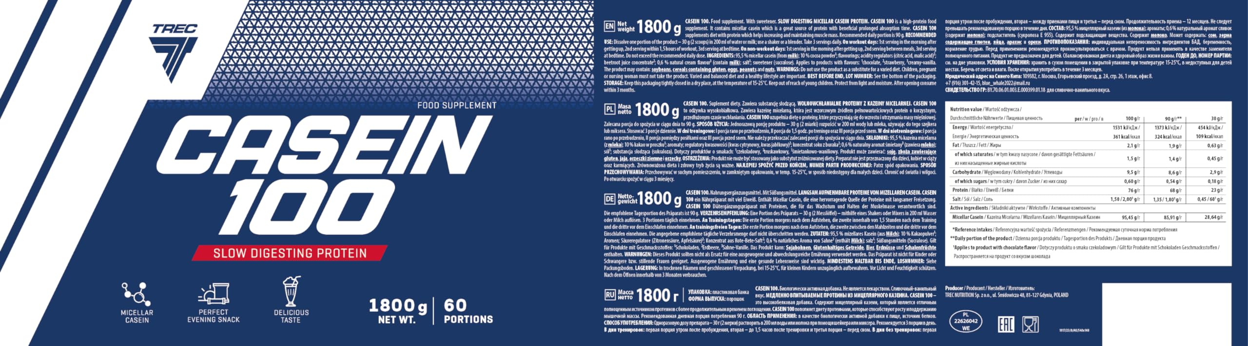 Trec Nutrition - CASEIN 100 - Frei absorbierbares mizellares Casein-Proteinpulver, vor dem Schlafengehen eingenommen, EAA-Aminosäuren, geringer Zuckergehalt, 600g JAR, CREAMY-VANILLA