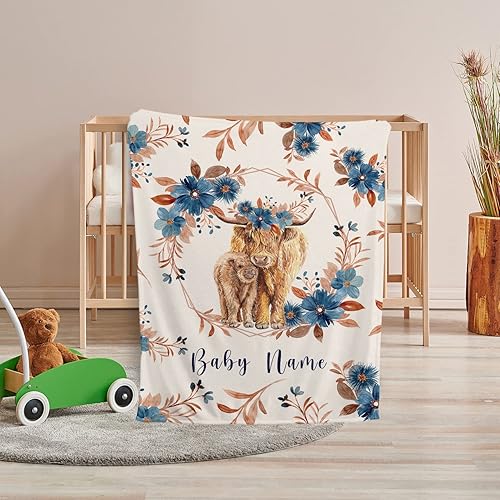 Miniatura 6 de Highland Cow - Mantas de bebé para niña, mantas de bebé personalizadas para niñas, mantas de vaca bebé personalizadas con flores, mantas de felpa