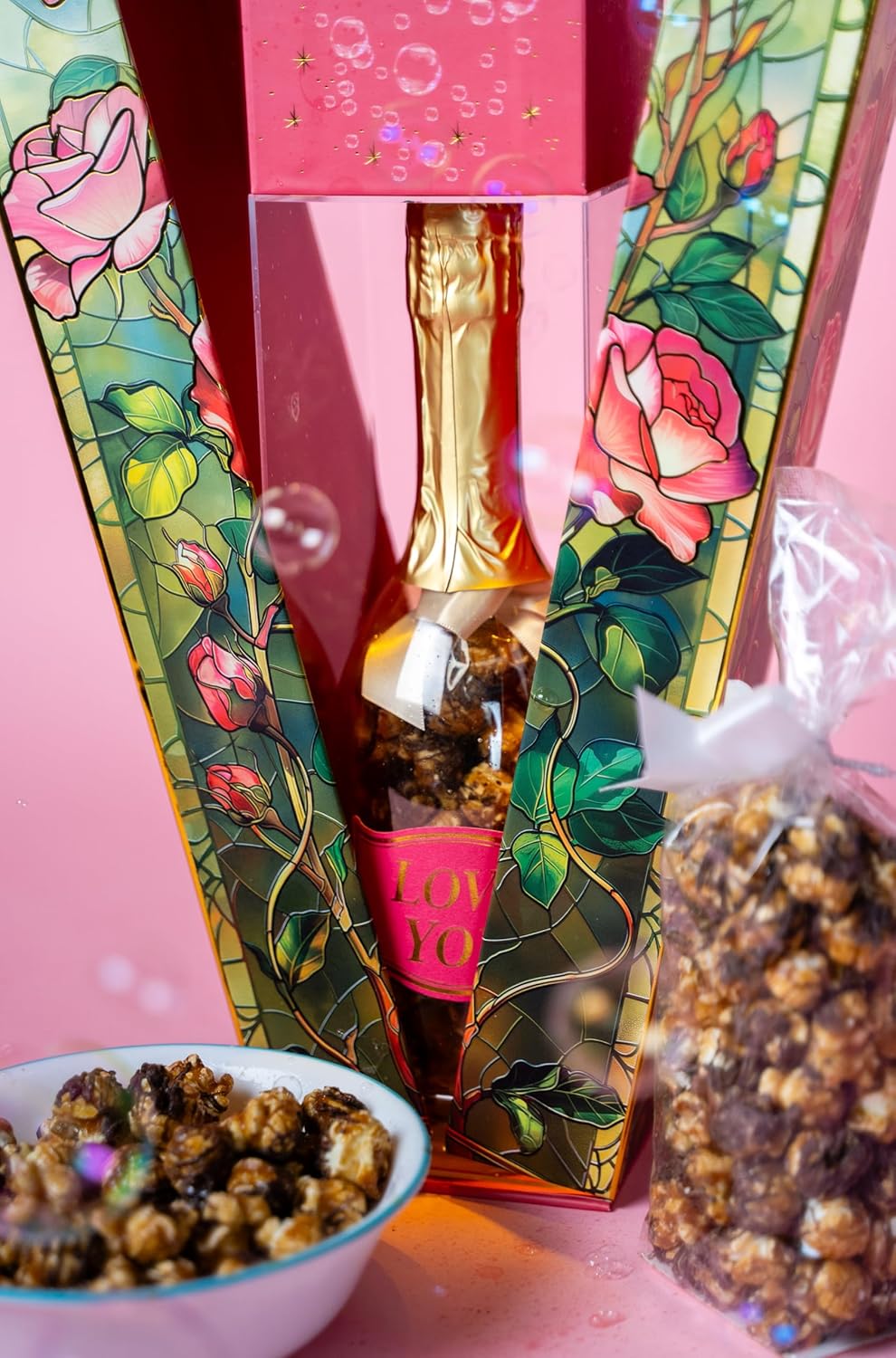 Rose Bubble Box with Caramel Chocolate Popcorn by Send A Cake, Ready to Gift, No Assembly Required - Happy Birthday Surprise - Unique Birthday Gift for Women, Men, Sister, Mom, Dad, Best Friend
