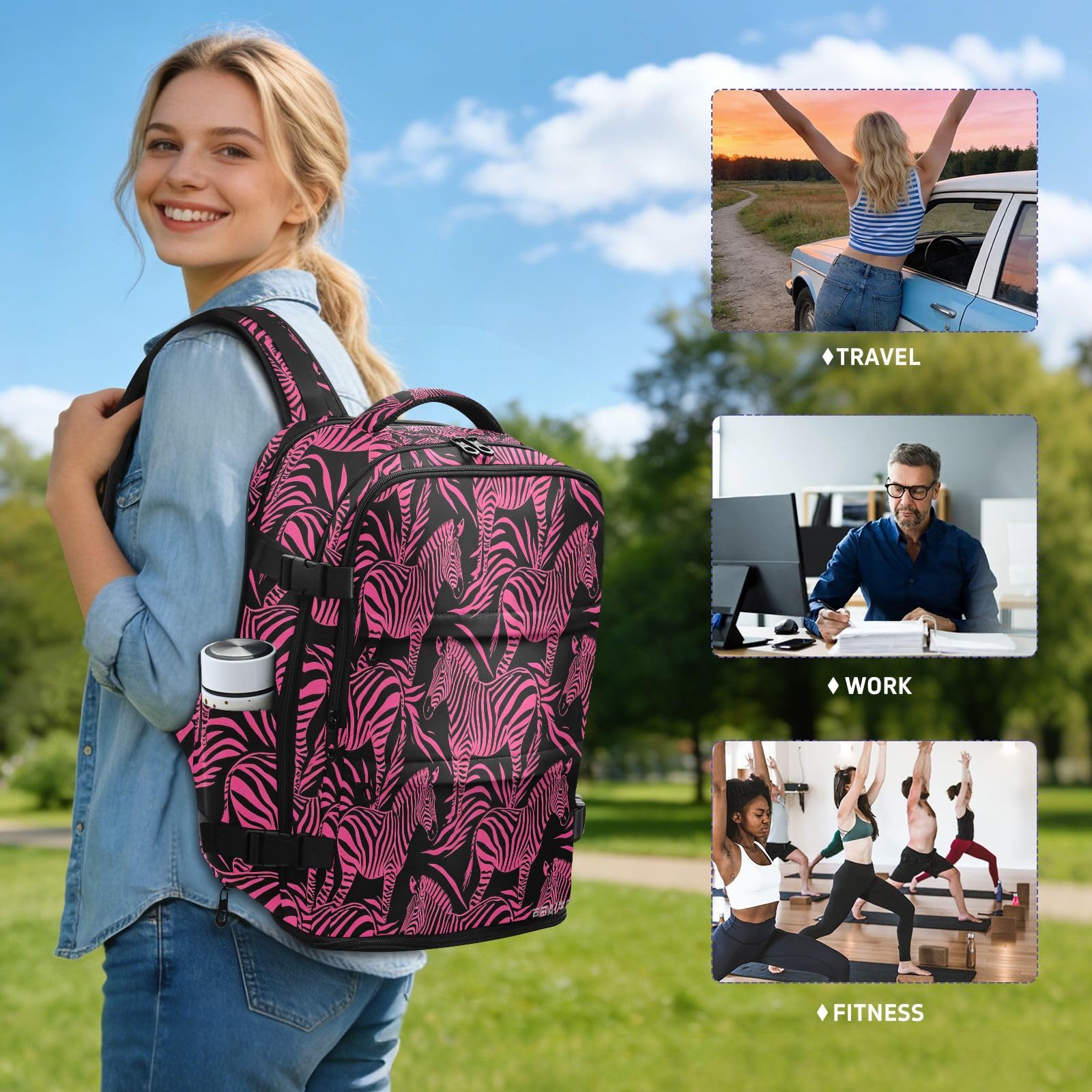 Duży plecak 15,6 torba na laptopa do podróży biznesowych na co dzień lub | Wodoodporna lekka męska torba robocza magenta zebry wzór podróżny niezbędnik do samolotów bultos para laptop 20L