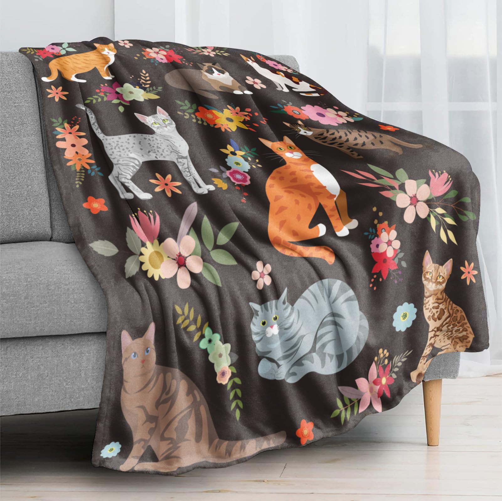 Cats Blanket Cat Present Soft Flannel Lightweight Cats and Flowers Throw Blanket for Kids Girls Boys All Season Cartoon Animals Blankets for Sofa Couch Bed Decorative Cat Blue Blanket 50x60inch
