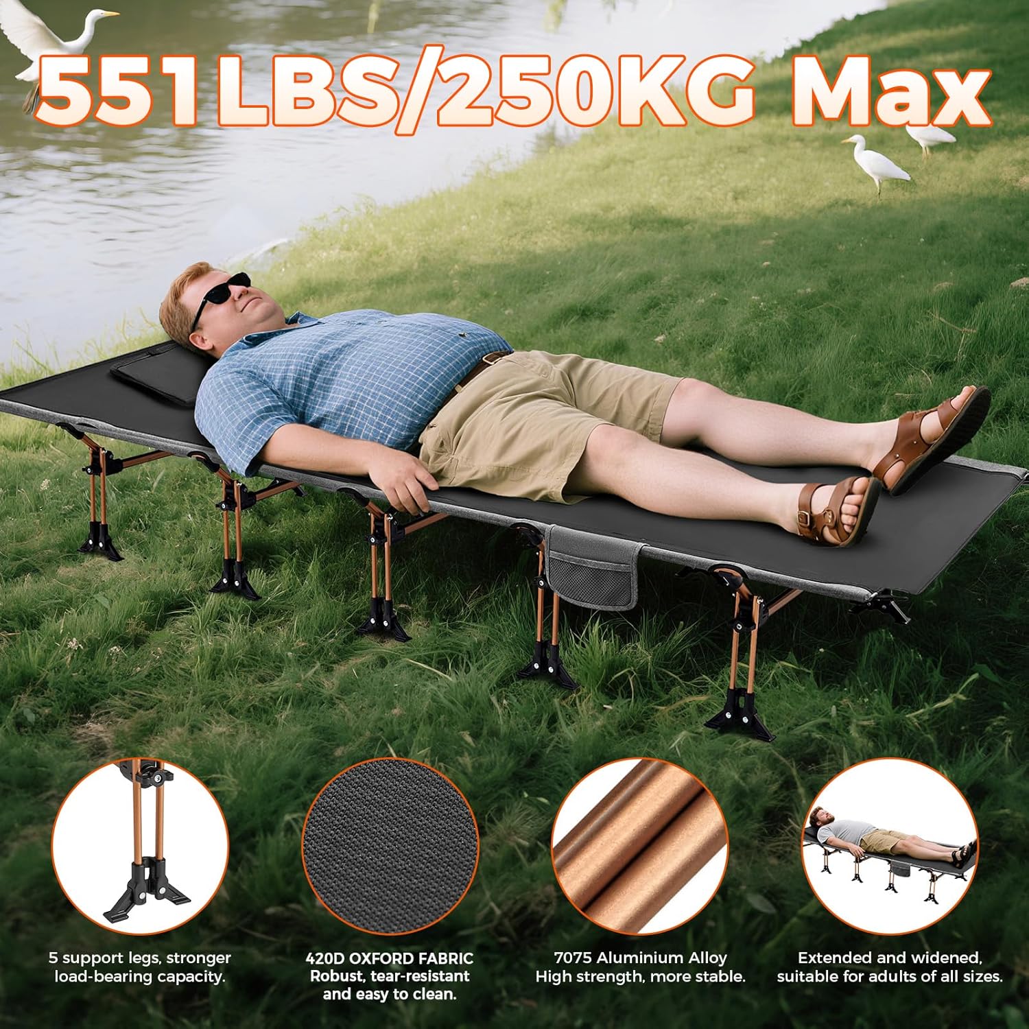 KingCamp Oversized XXL Camping Cot, Folding Portable Lightweight Ultralight Large Wide Heavy Duty 551lbs Sleeping Bed for Adult Backpacking Outdoor Travel Hiking Tent, Black