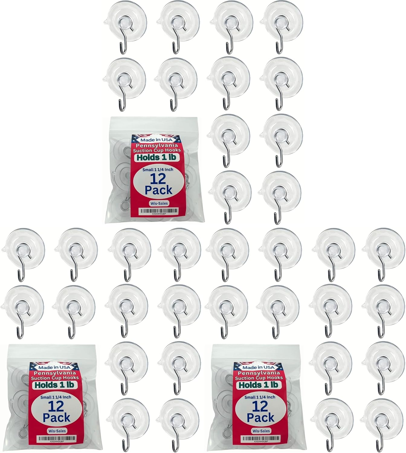 12 Pak Small 1 ¼ -inch (Made in Pennsylvania) Heavy Duty Suction Cup Hooks for Glass Windows. Signs Holiday Ornaments Suncatchers-(Holds 1 Pound)