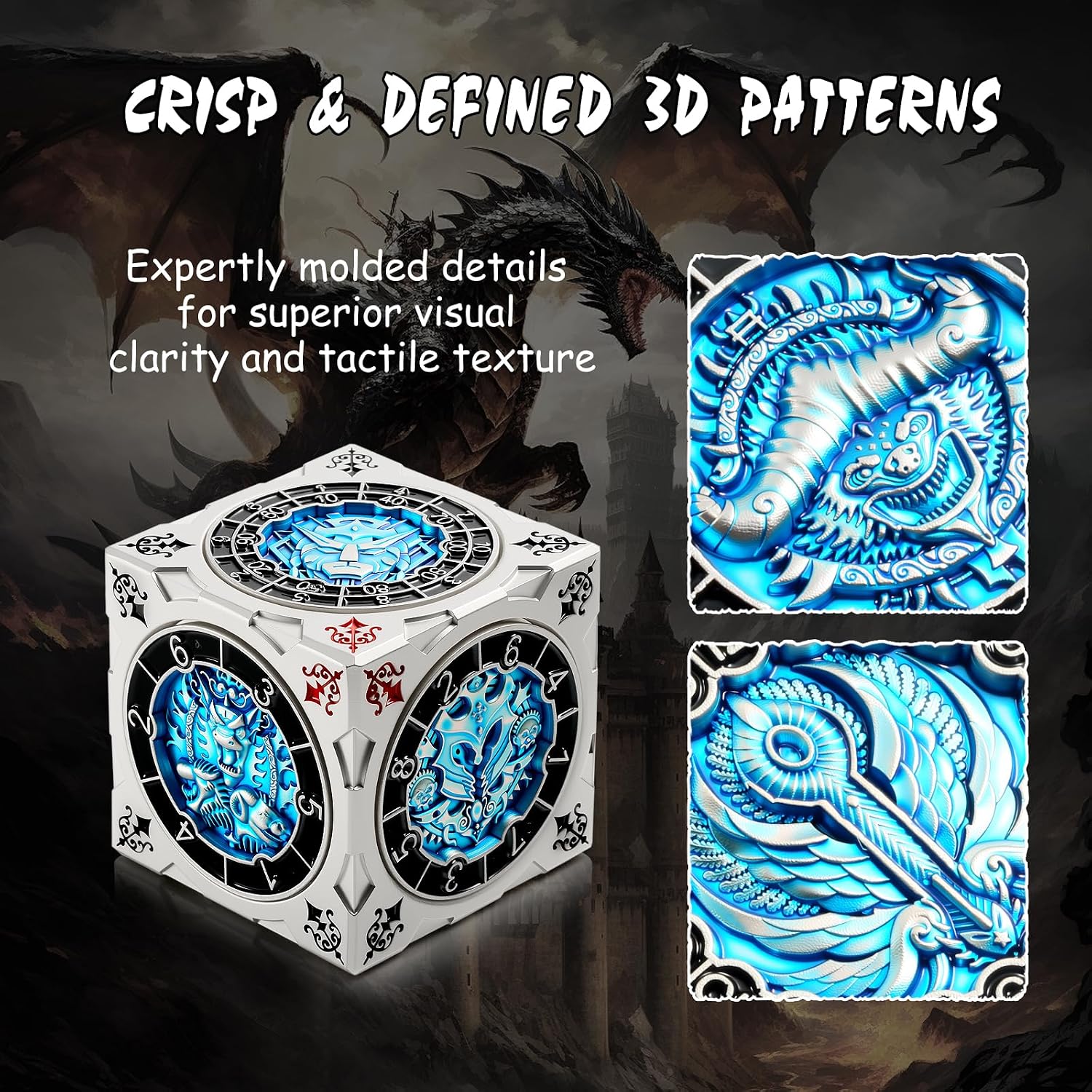 DNDND 7-in-1 Spinner Dice Cube with Gift Box – Goristro and Couatl Themed D&D Collector's Set for TTRPG, Ideal Gift for Dungeon Masters and Players (Silver & Blue )