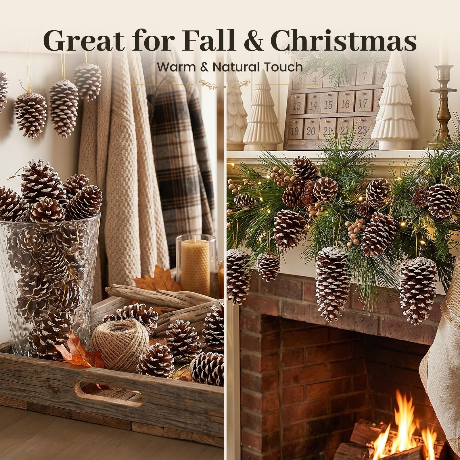 JOHOUSE Piñas de pino natural con nieve, 28 piñas de Navidad con cuerdas, surtido de piñas rústicas para decorar Navidad, otoño e invierno