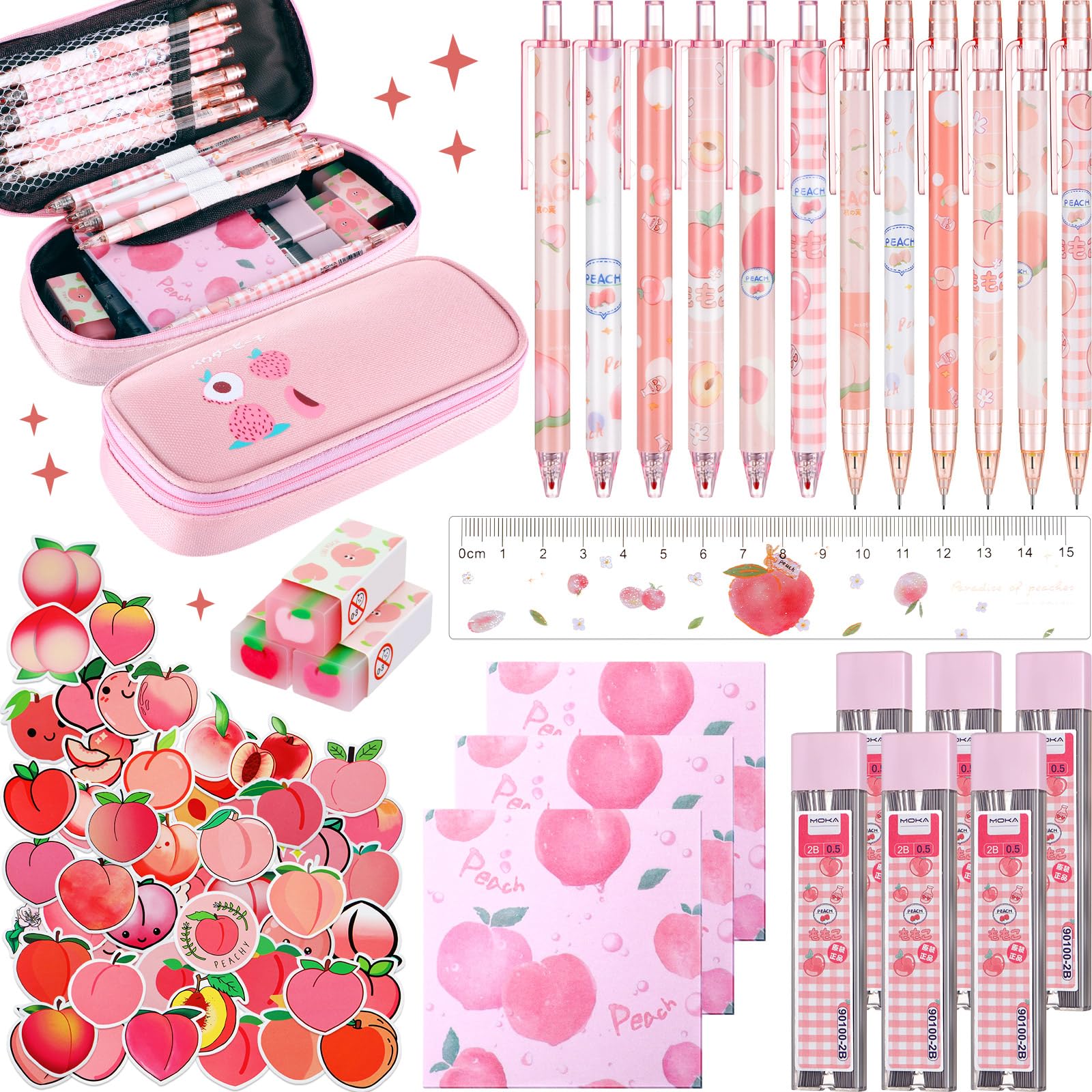 Weekgrat 27 Pcs Kawaii Peach Mechanical Pencil and Cute Pen Case Set Include Black Ink Pens Pencil Refills Juice Peach Erasers Ruler Stickers Sticky Notes Stationery School Supplies for Kids