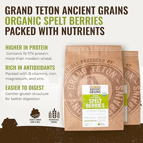 Miniatura 2 de Grand Teton Ancient Grains - Bayas de espelta 100% orgánicas, bayas enteras de espelta sin moler, grano orgánico Farro cultivado en Estados Unidos,