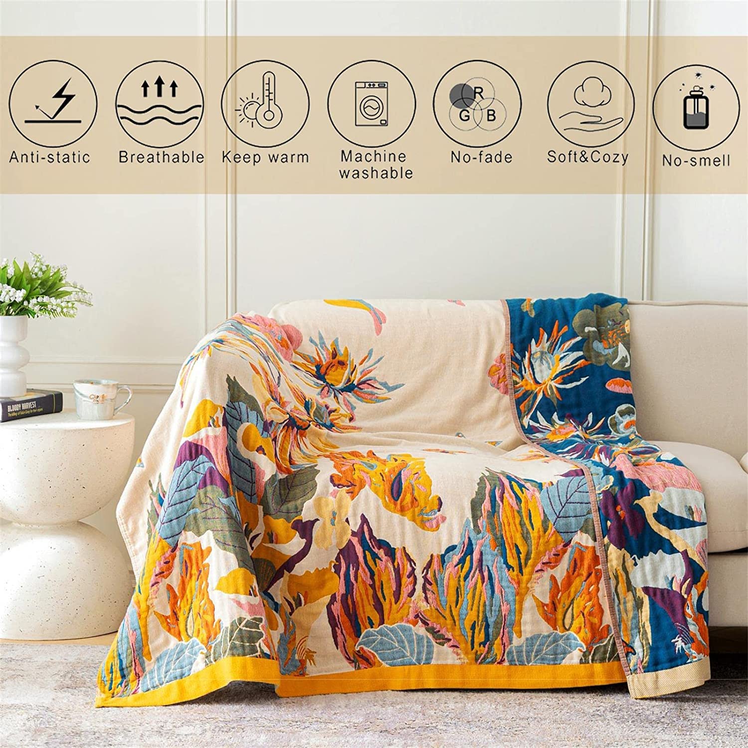 Decke Boho Tagesdecke Kuscheldeck Baumwolle Doppelseitig Bettwäsche, Bed Sofa Blanket Cover Sheet, Baumwolldecke Couchdecke Sesseldecke Wendedecke Bettüberwurf, 200x230cm