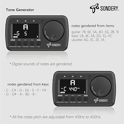 Miniatura 7 de Sintonizador de metrónomo digital 3 en 1, metrónomo de conteo vocal inglés con Tap Tempo, afinador cromático generador de tono recargable