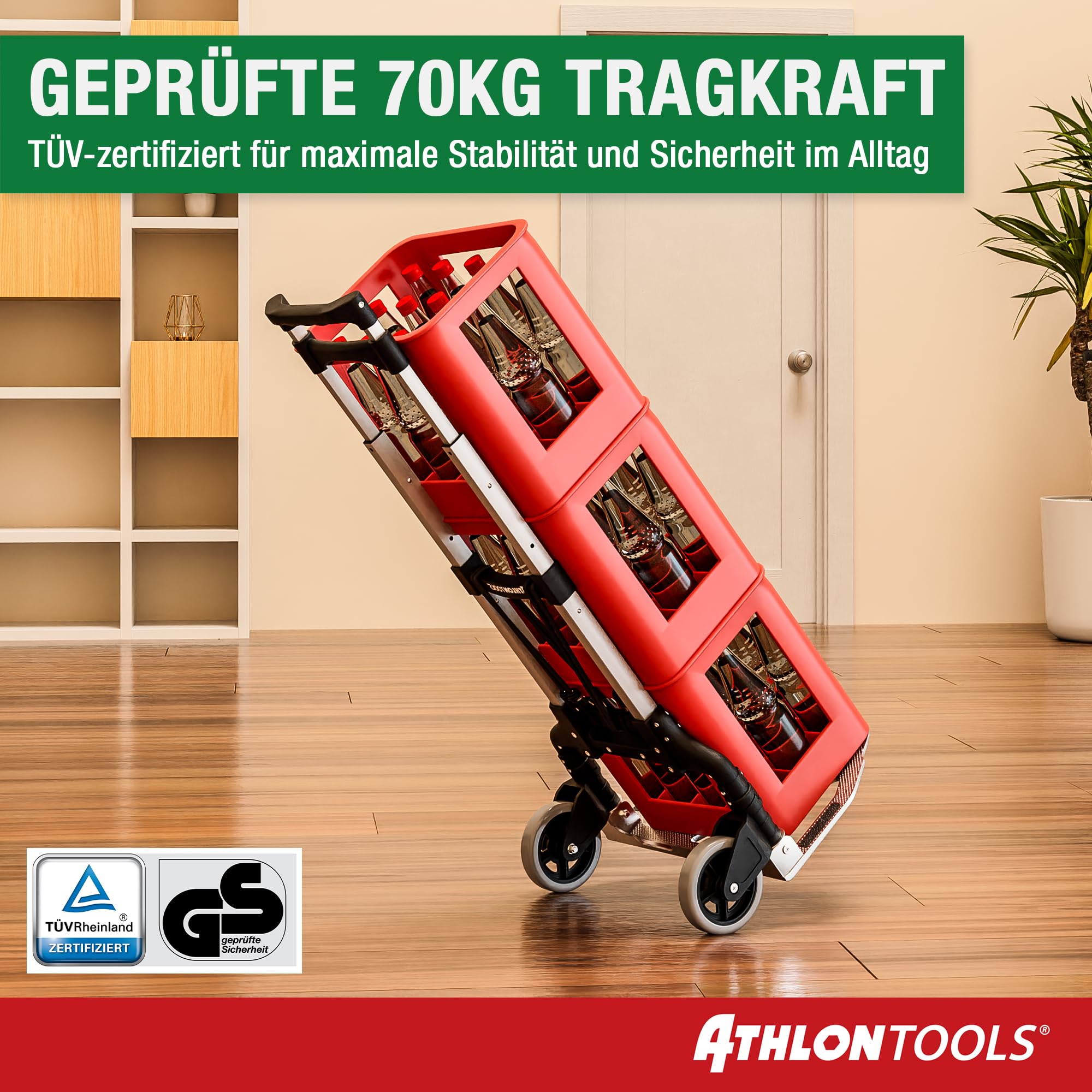 ATHLON TOOLS Aluminium Transportkarre klappbar TÜV GS-geprüft – Langer Teleskopgriff 110 cm, Anti-Rutsch-Pads, Soft-Laufräder, inkl. 2 Expanderseile - Sackkarre klappbar Alu kompakt & leicht