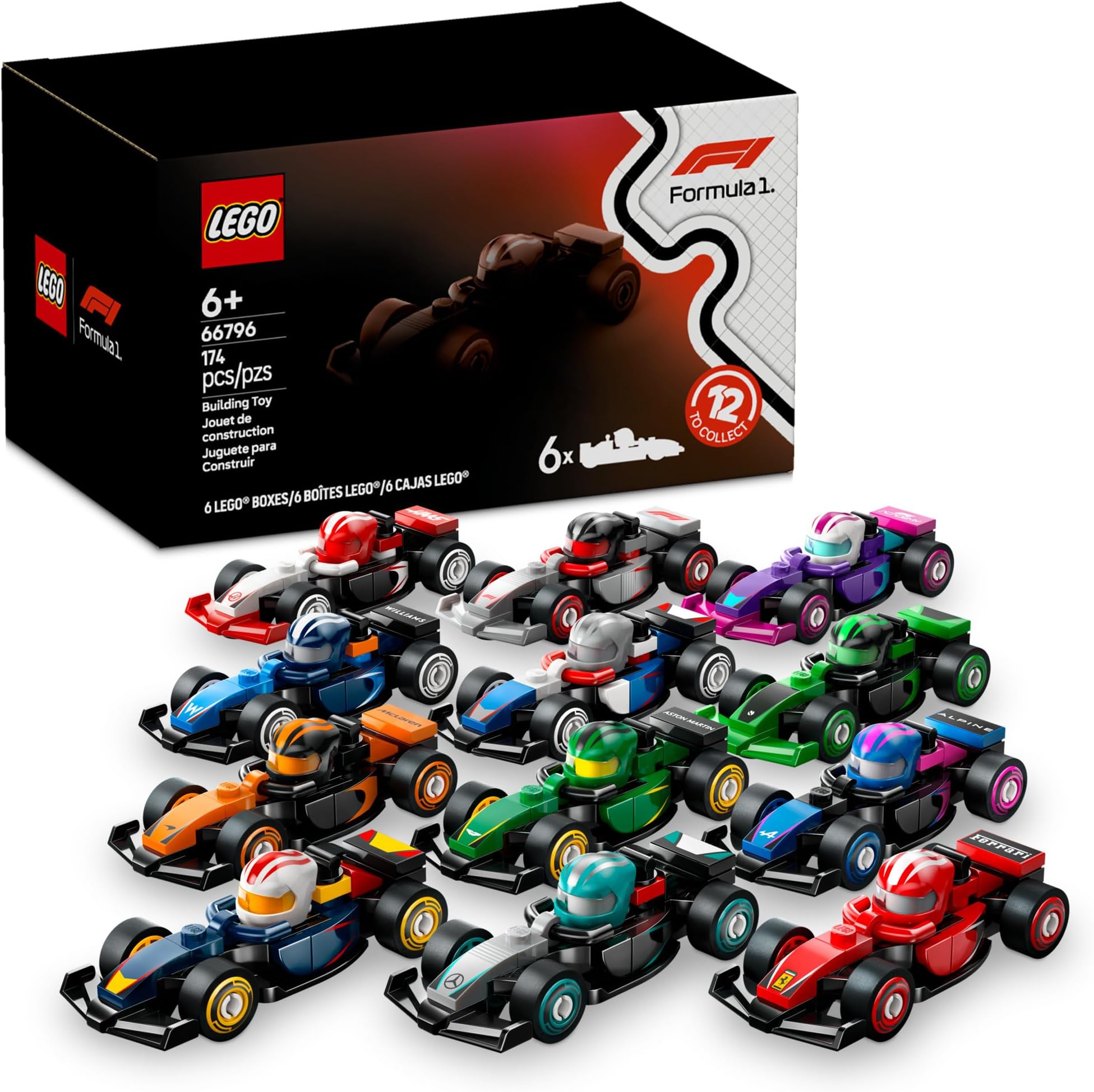 LEGO F1 Collectible Race Cars, 6 Pack - Building Set for Boys & Girls, Ages 6+ - Birthday Party Favor or Gift - Mystery Box W/Surprise F1 Car Toys - Travel Toys for Kids - 66796