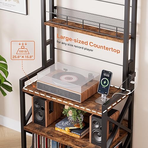 Miniatura 6 de Soporte para tocadiscos con toma de corriente, estante de almacenamiento de discos de vinilo de 5 niveles con soporte giratorio, organizador de