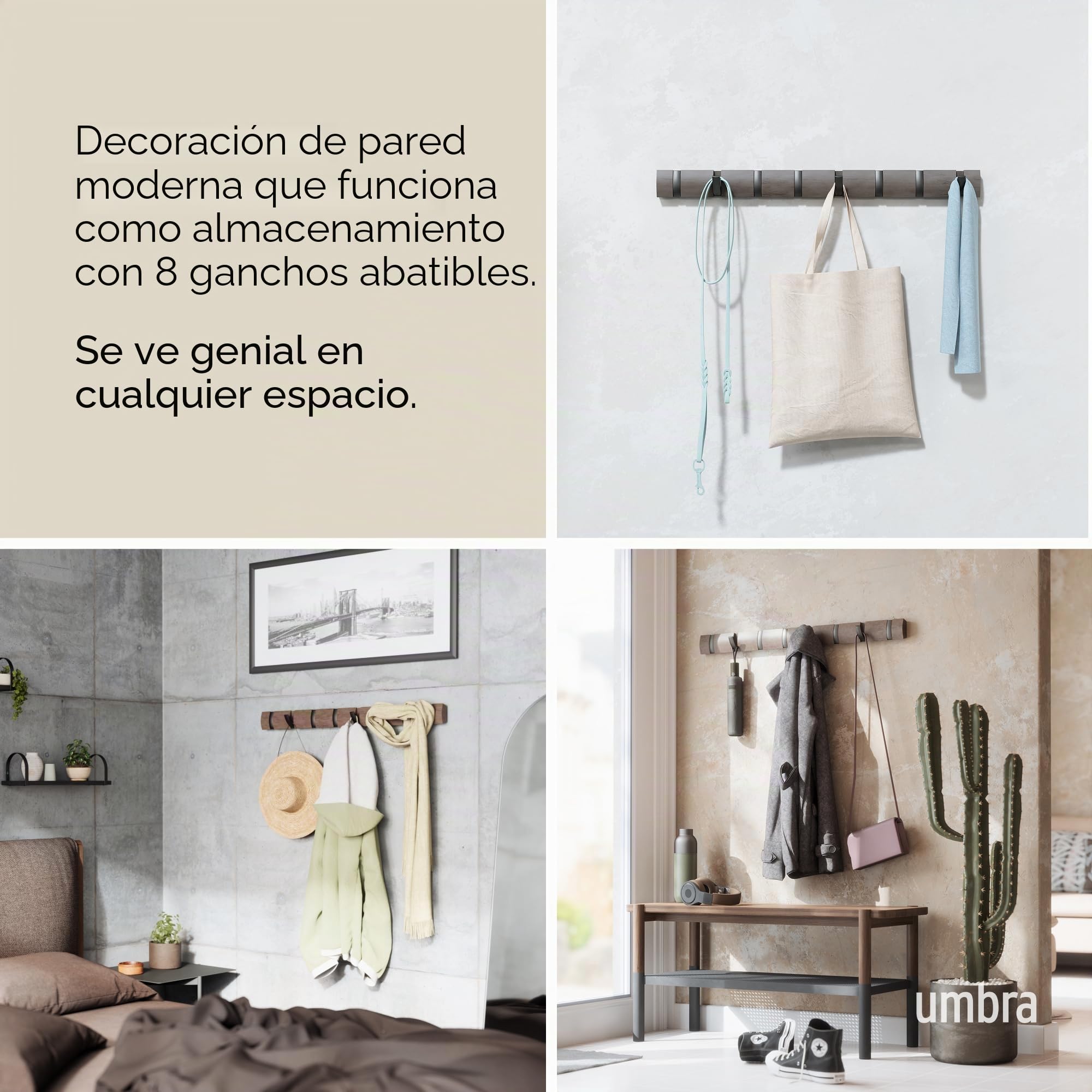 Umbra Flip Perchero de pared con 8 ganchos – Almacenamiento moderno y ahorrador de espacio para sombreros, chaquetas, bolsos, entrada, cuarto de servicio, armario, baño, dormitorio – Blanco/Níquel