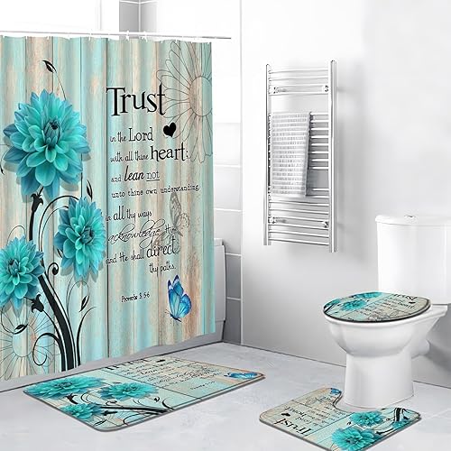 Cortinas de ducha rústicas de 4 piezas con alfombras de baño, citas inspiradoras, tableros de madera vintage de granja, plantas de flores de dalia