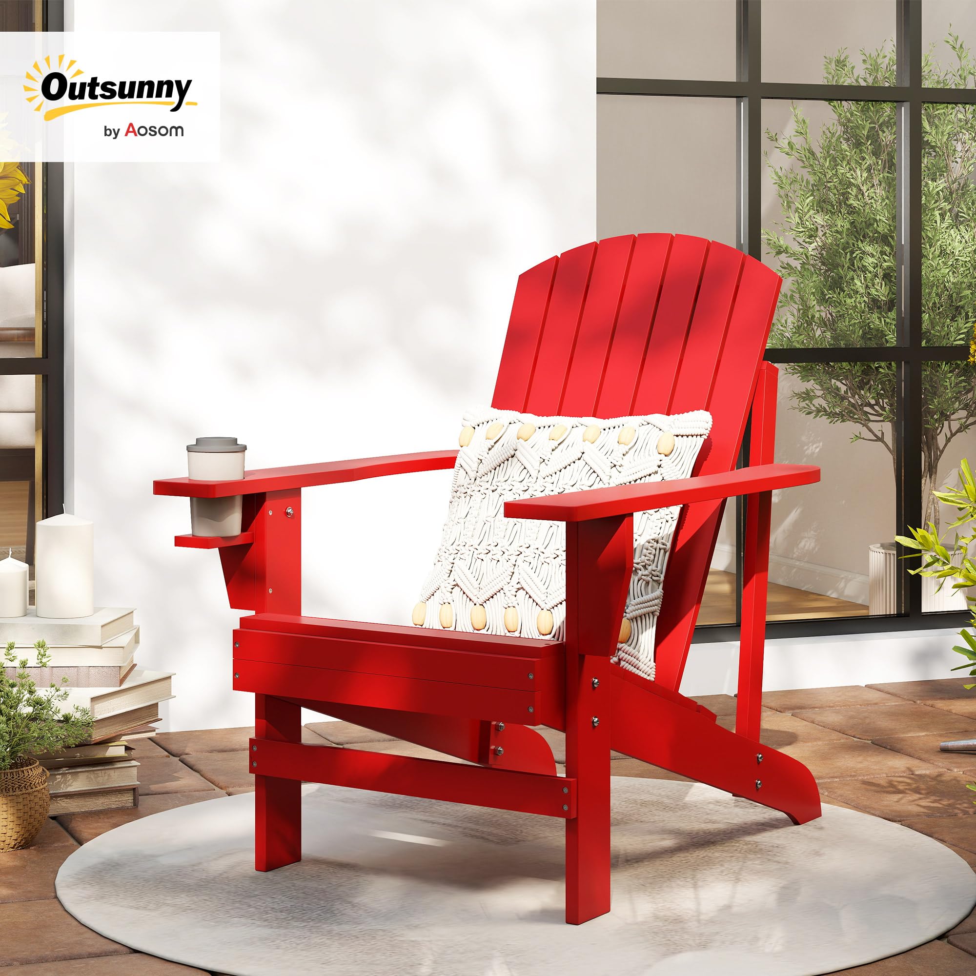 Outsunny Adirondack Grand Confort - Sillón de jardín con portavasos integrados, madera de abeto tratada, color rojo