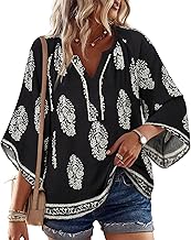 VALOLIA Womens Boho Tops 3/4 Sleeve V Neck Casual Loose Fit Blouses Shirt Bohemian Vacation Clothes