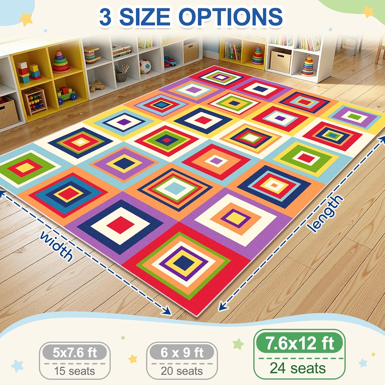 Classroom Rug 7.6x12, Classroom Carpet Elementary with Rainbow Square