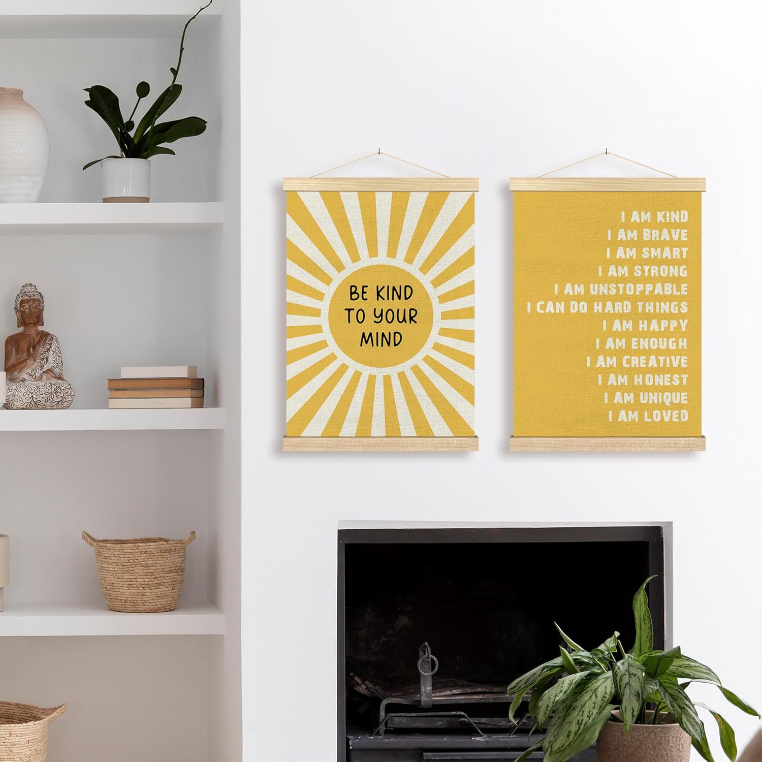 BCUANGD Positive Affirmations Wall Decor - Mental Health Wall Art Poster Hanger with Wood Frames, Inspirational Yellow Sunshine Wall Hanging Canvas Decor for Home Kids Room, 12x16 Inches