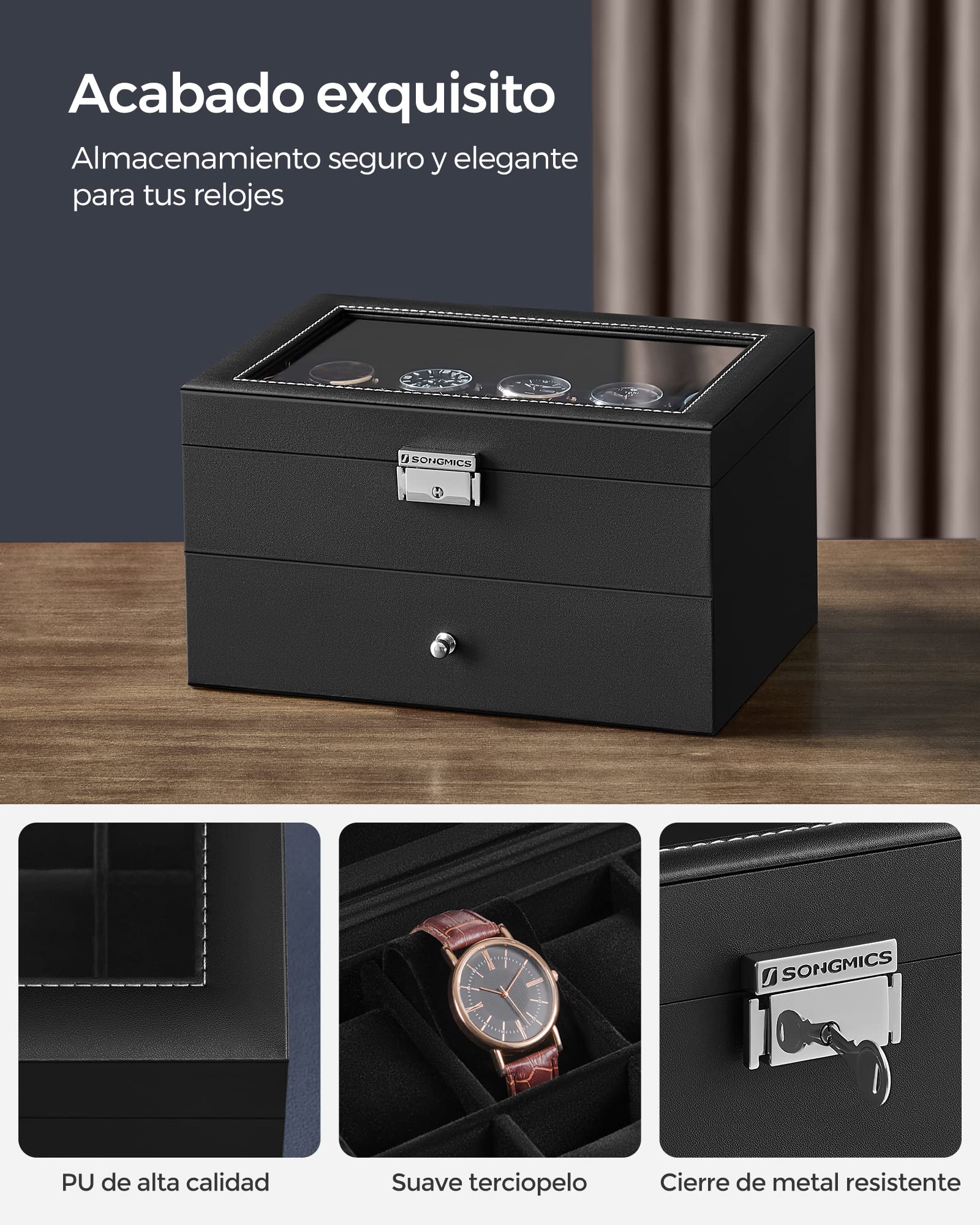 SONGMICS Caja de Relojes 2 Niveles con Tapa de Cristal, Cerradura, Cuero Sintético Negro