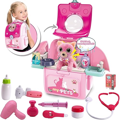 Pet Cat Carrier Backpack Toy, MAGIC4U 23PCS Pet Care Playset,Vet Clinic and Doctor Kit for Kids, Pet Veterinarian Medical Role Play Set for Boys and Girls Ages 3-6 Pink