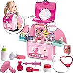 Pet Cat Carrier Backpack Toy, MAGIC4U 23PCS Pet Care Playset,Vet Clinic and Doctor Kit for Kids, Veterinarian Pretend Play Set for Boys and Girls Ages 3-6 Pink