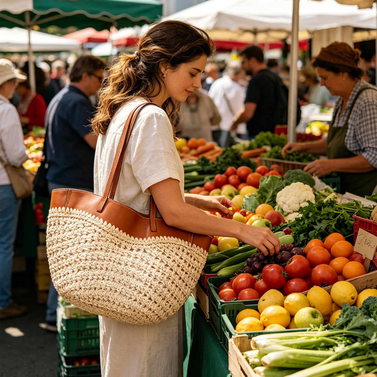 Borsa tote in paglia con manici lunghi, trama tessuta a mano e spaziosa conservazione quotidiana per spiaggia e shopping, borsa tote in paglia intrecciata a mano, capiente manico lungo per pendolari e