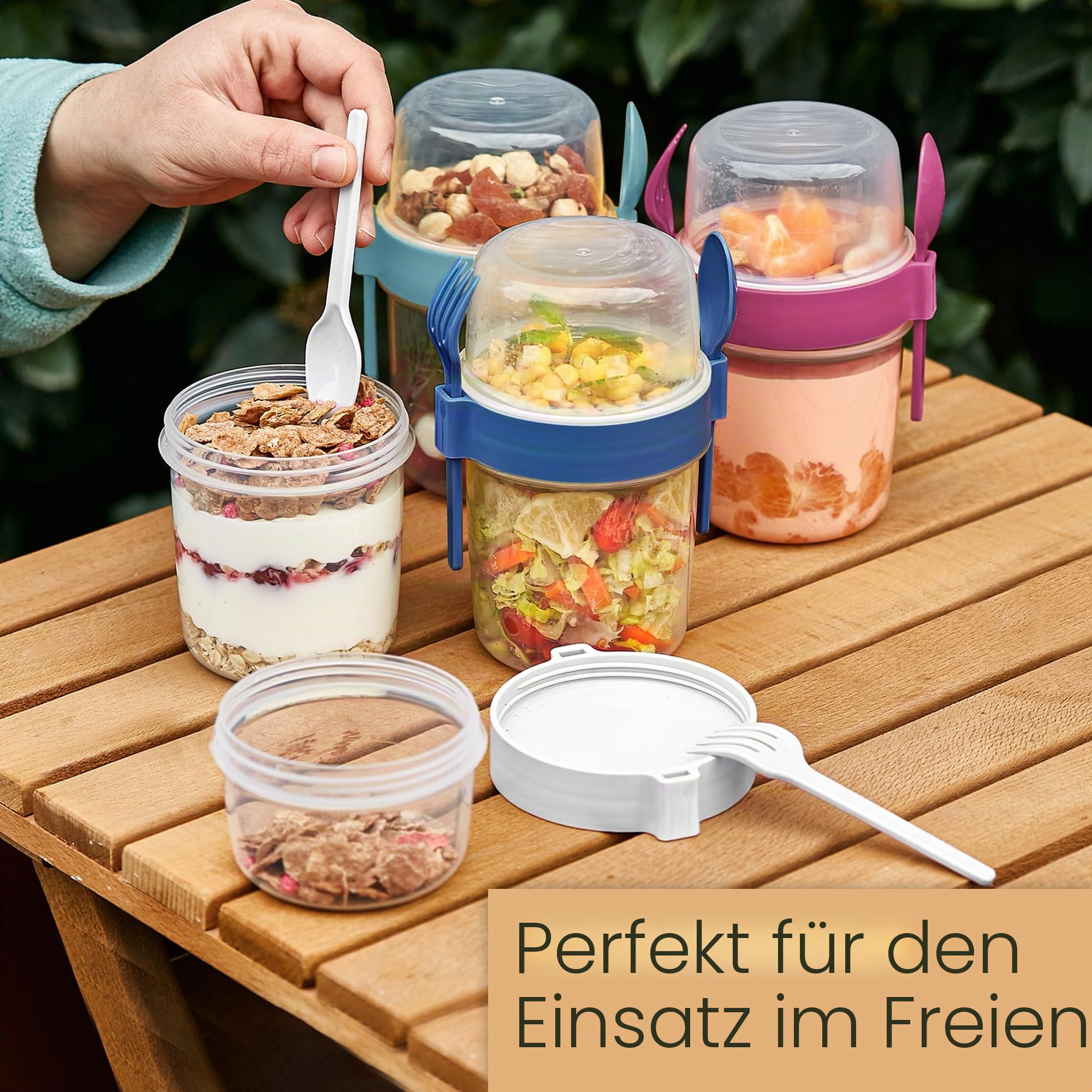 Crystalia Müslibecher to Go mit Löffel & Gabel Set 4, 100% BPA-FREI Joghurt Becher to Go mit Deckel, Porridge to Go, Obstbehälter, Salatbecher Yoghurt to Go zum Frühstück, Cereal On the Go Muslidosen
