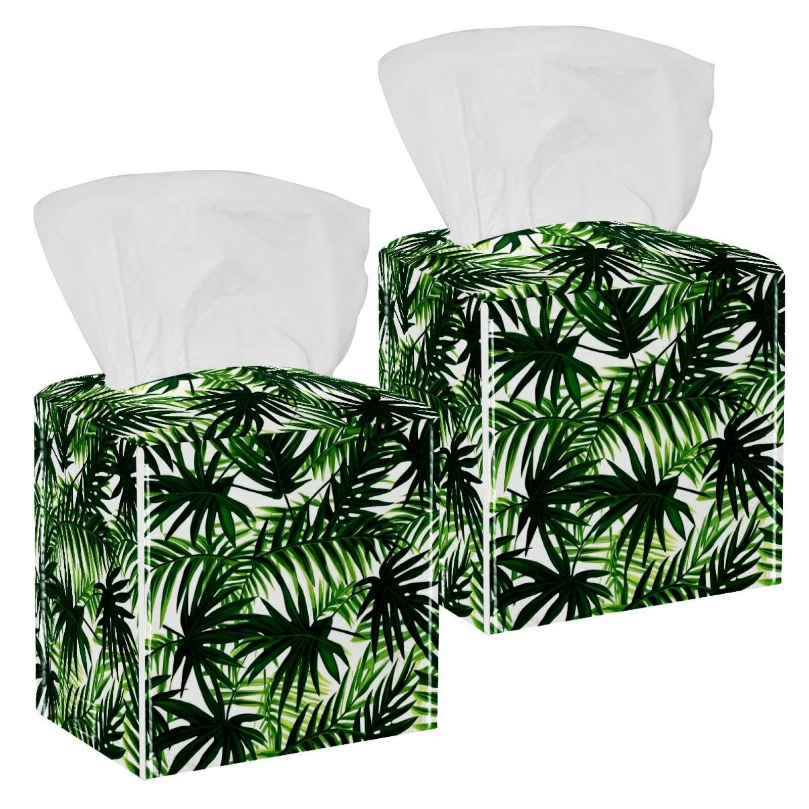 Artistic Leaves Tissue Box Cover, 2 Pack PU Leather Square Facial Tissue Dispenser Box holder for Home Office Car