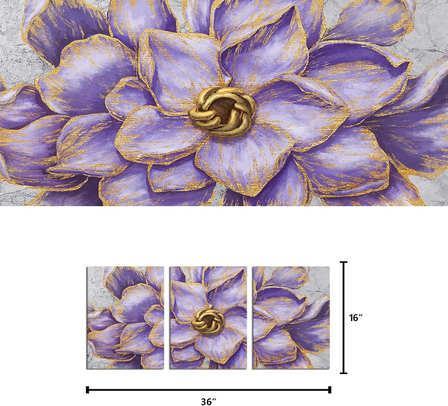 Kalormore Purple Gold Flowers Painting 3 Pieces Vintage Floral Canvas Prints for Home Living Room Bedroom Wall Decoration Gallery Wrapped Premium Picture Artwork - Image 5