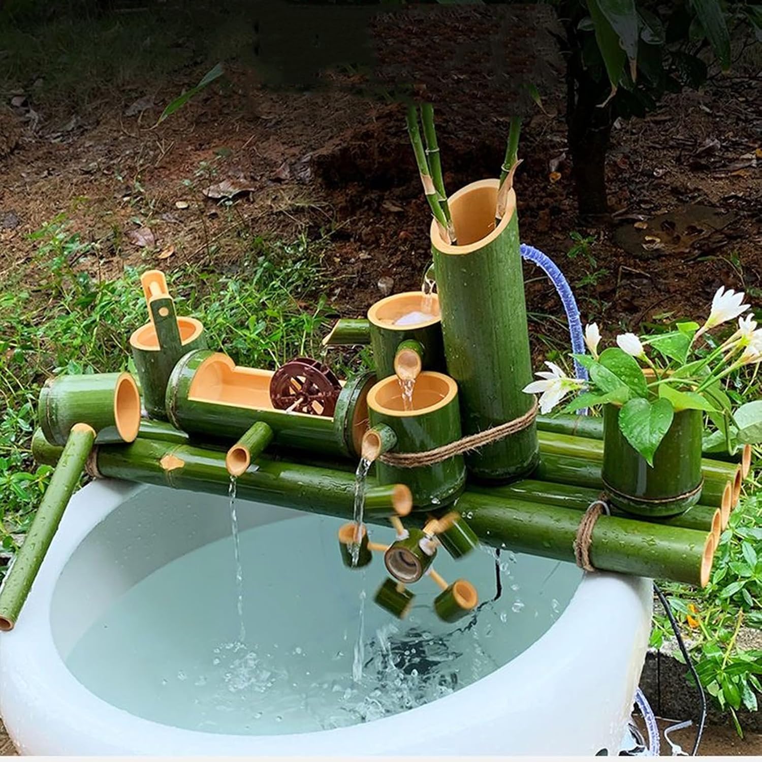 Indoor/Outdoor Bamboo Frame Drip Car Flowing Water Landscape,Bamboo Fountain with Water Pump, Japanese Garden Water Decor,Fish Tank Pool Circulating Water Fountain,120CM