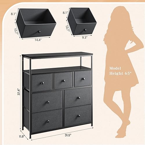 Miniatura 3 de EnHomee Cómoda negra para dormitorio, cómoda de 7 cajones, cómoda de tela alta para dormitorio, armario, guardería, cajonera negra con marco de