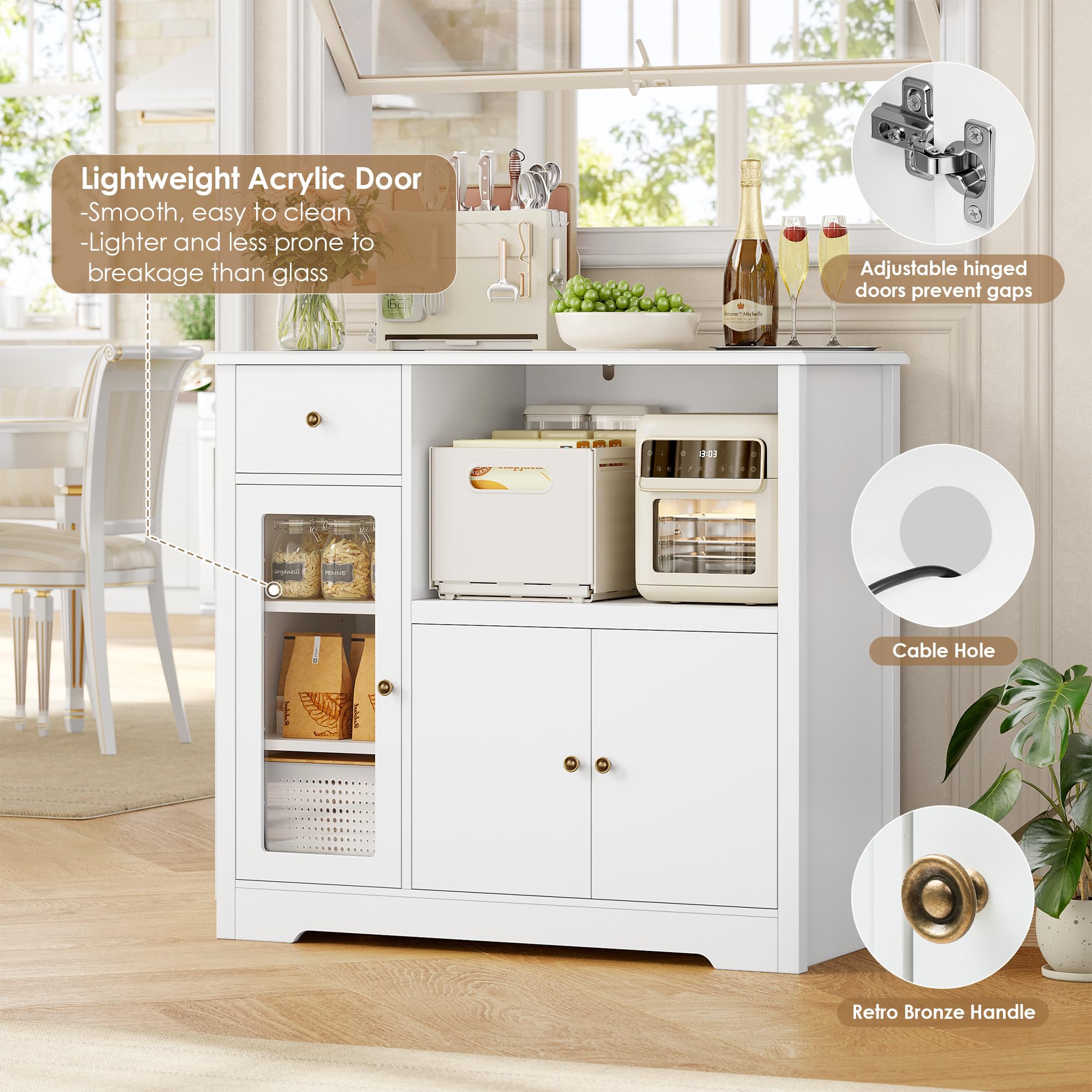 HOCSOK Aparador Cocina para Microondas Alacena de Cocina con 3 Estantes Puertas y Cajones Mueble de Almacenamiento para Cocina y Comedor de Madera Blanco 90 x 40 x 82 cm