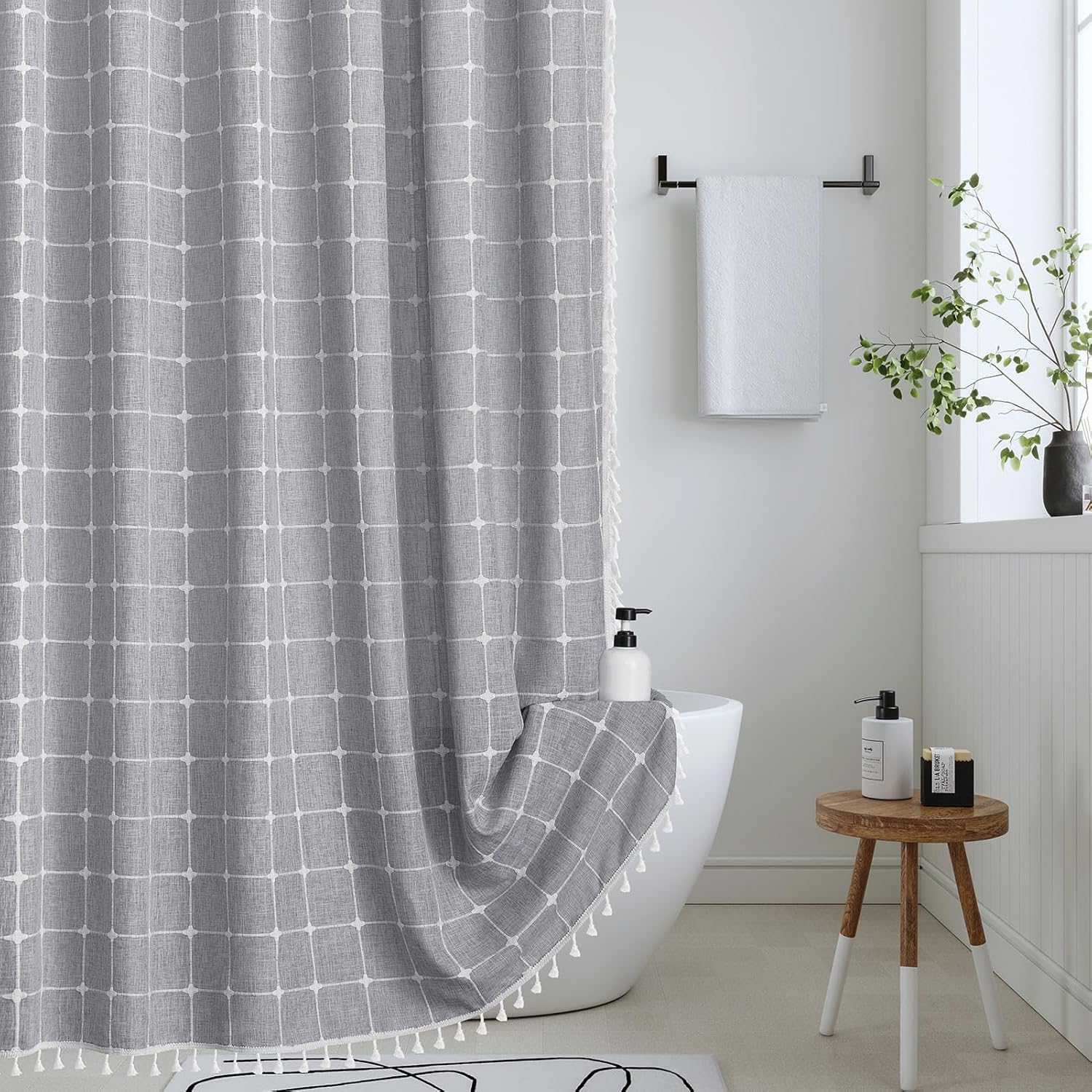 Grey Shower Curtain, Boho Farmhouse Linen Textured Weighted Fabric Shower Curtains for Bathroom, Bohemian Chic Modern Minimalist Vintage Cloth Shower Curtain Set with Tassels,Waterproof, 72x72,Gray