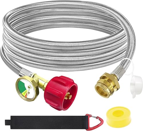 MEFUN Manguera adaptadora de propano trenzada de acero inoxidable de 12 pies con calibre, adaptador de manguera de tanque de propano convertidor de