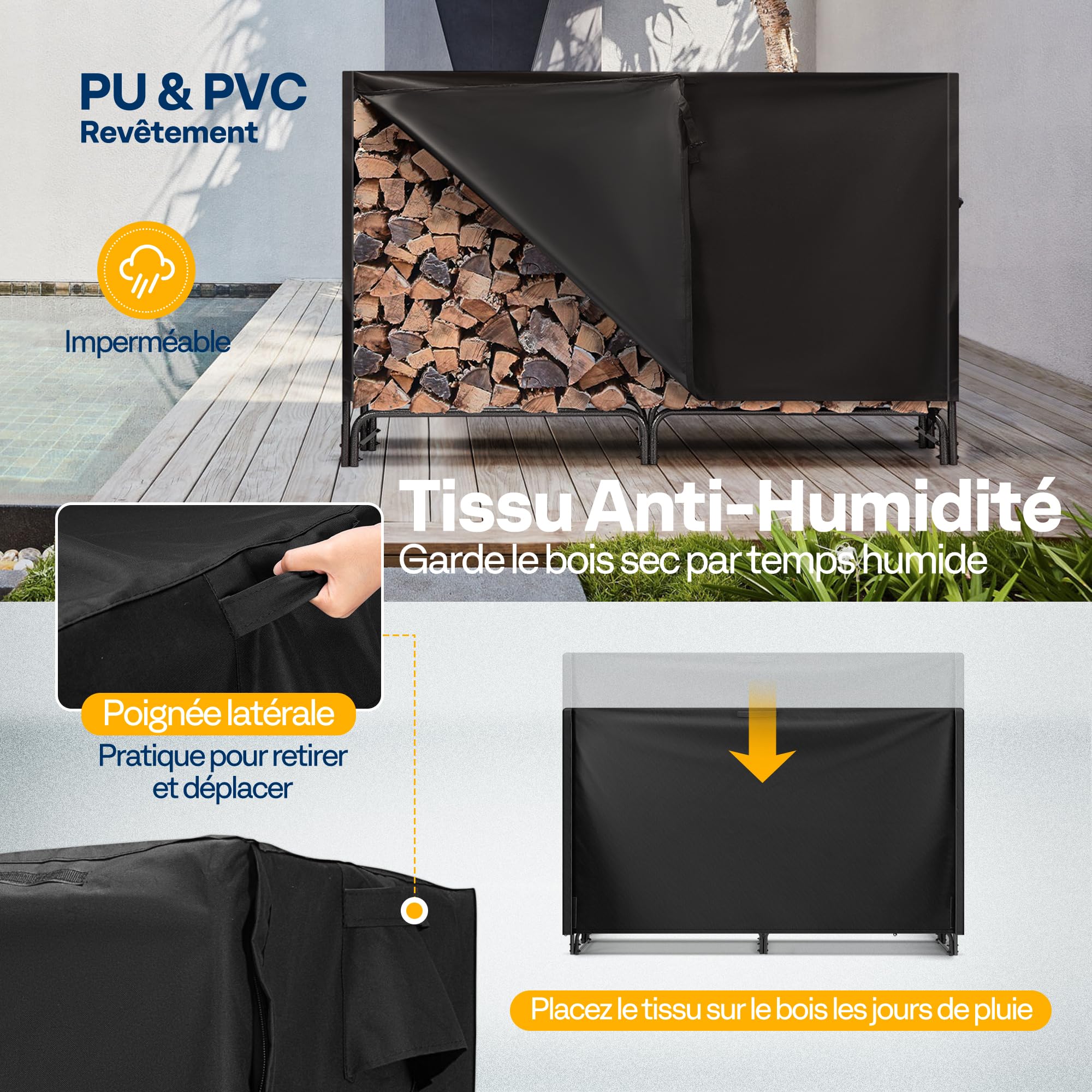 VIVOHOME Étagère pour Bois de Cheminée avec Housse Anthracite 183×123×35cm, Support Bûches Chauffage Robuste Réglable Imperméable Intérieur et Extérieur - 5